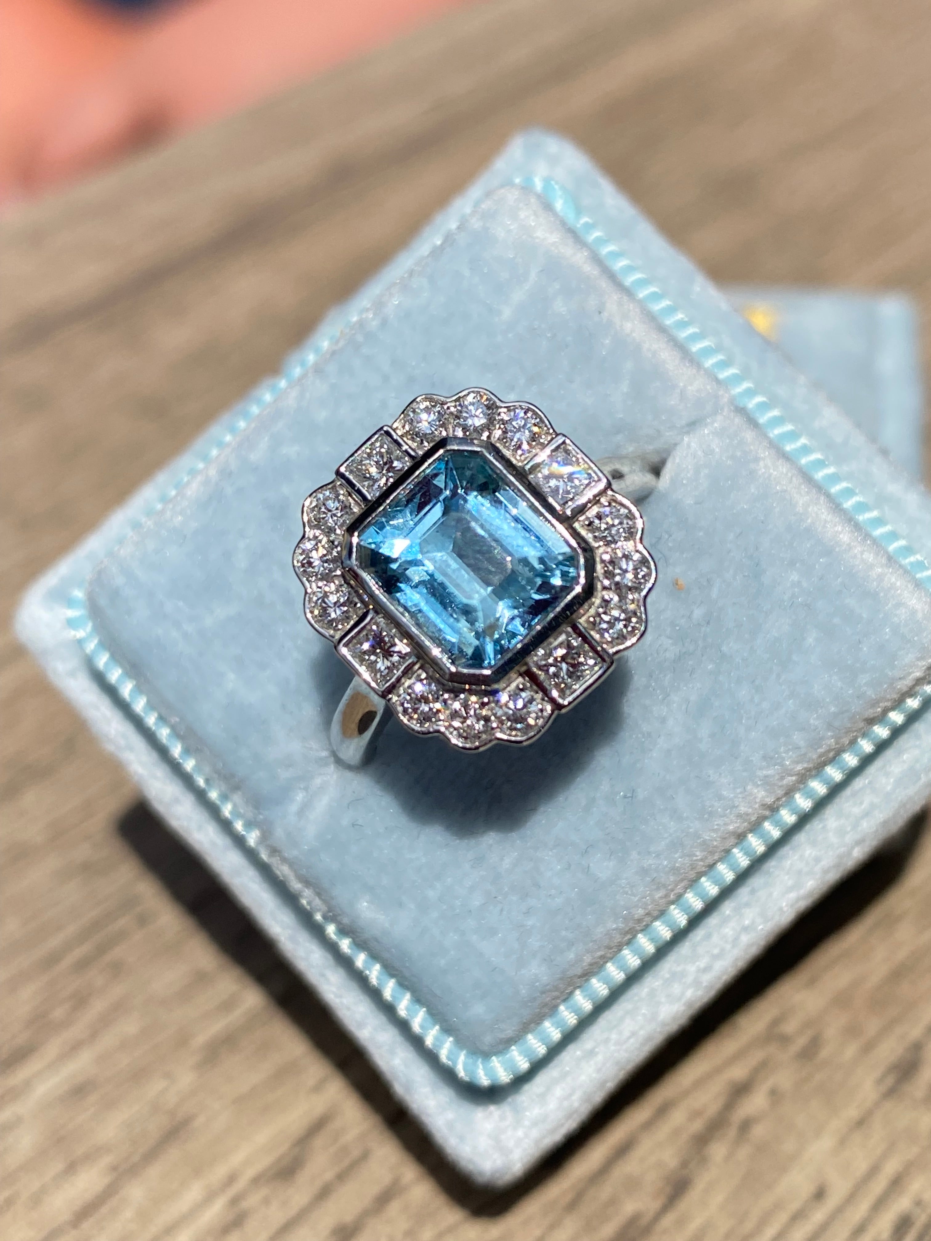 2.23 CTW Emerald Cut Aquamarine and Natural Diamond Engagement Ring in Platinum