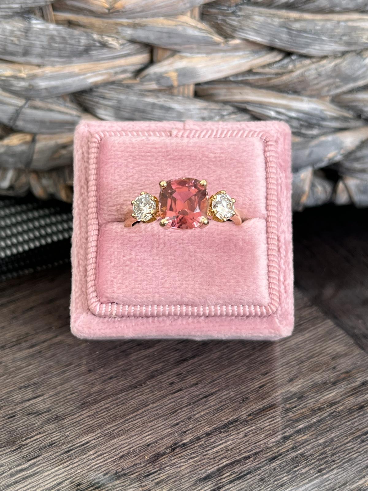 3.12ctw Pink Tourmaline and Natural Diamond Three Stone Ring in 18ct Yellow Gold