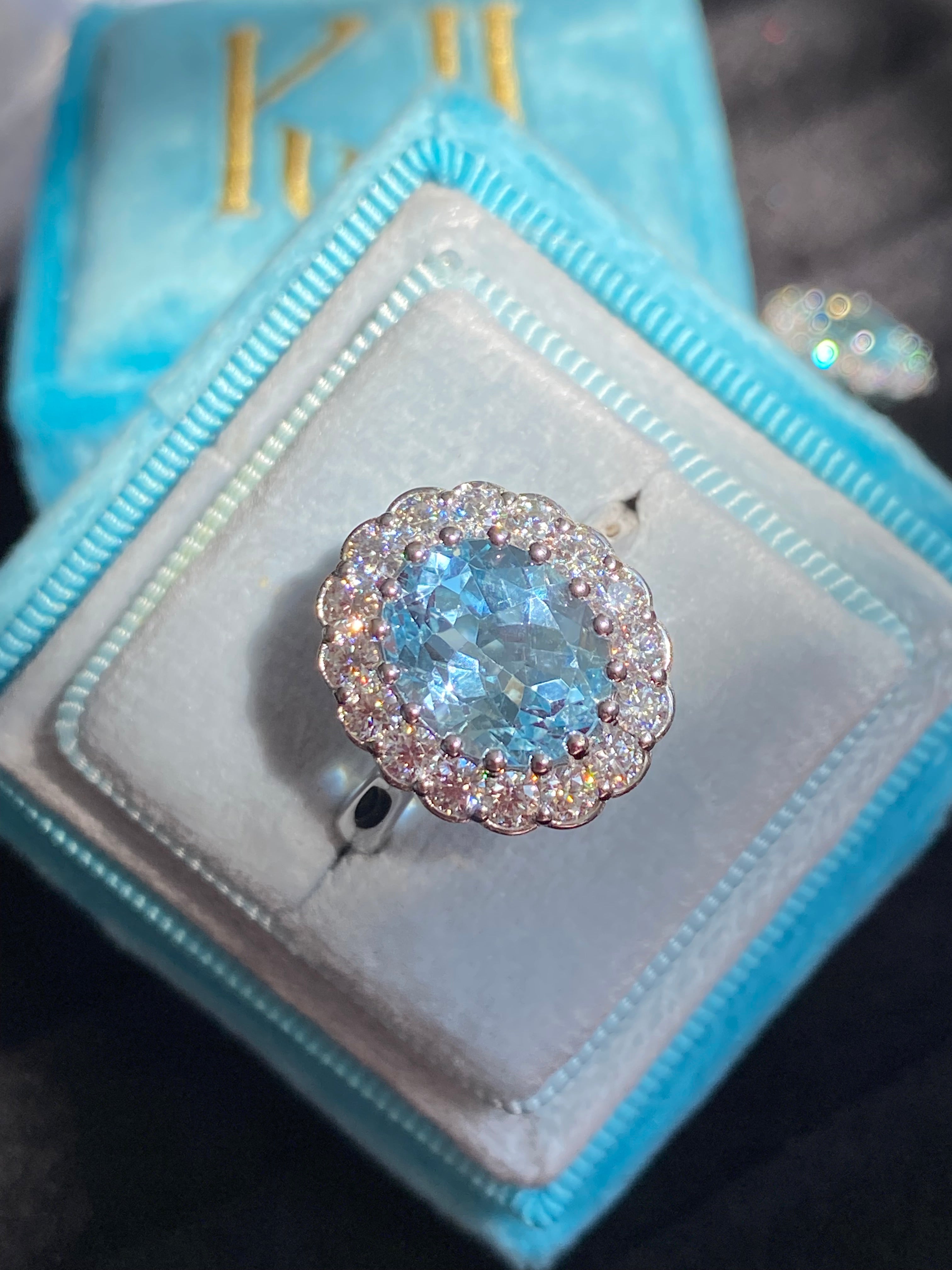 5.50 CTW Oval Cut Blue Topaz and Moissanite Halo Cocktail Ring