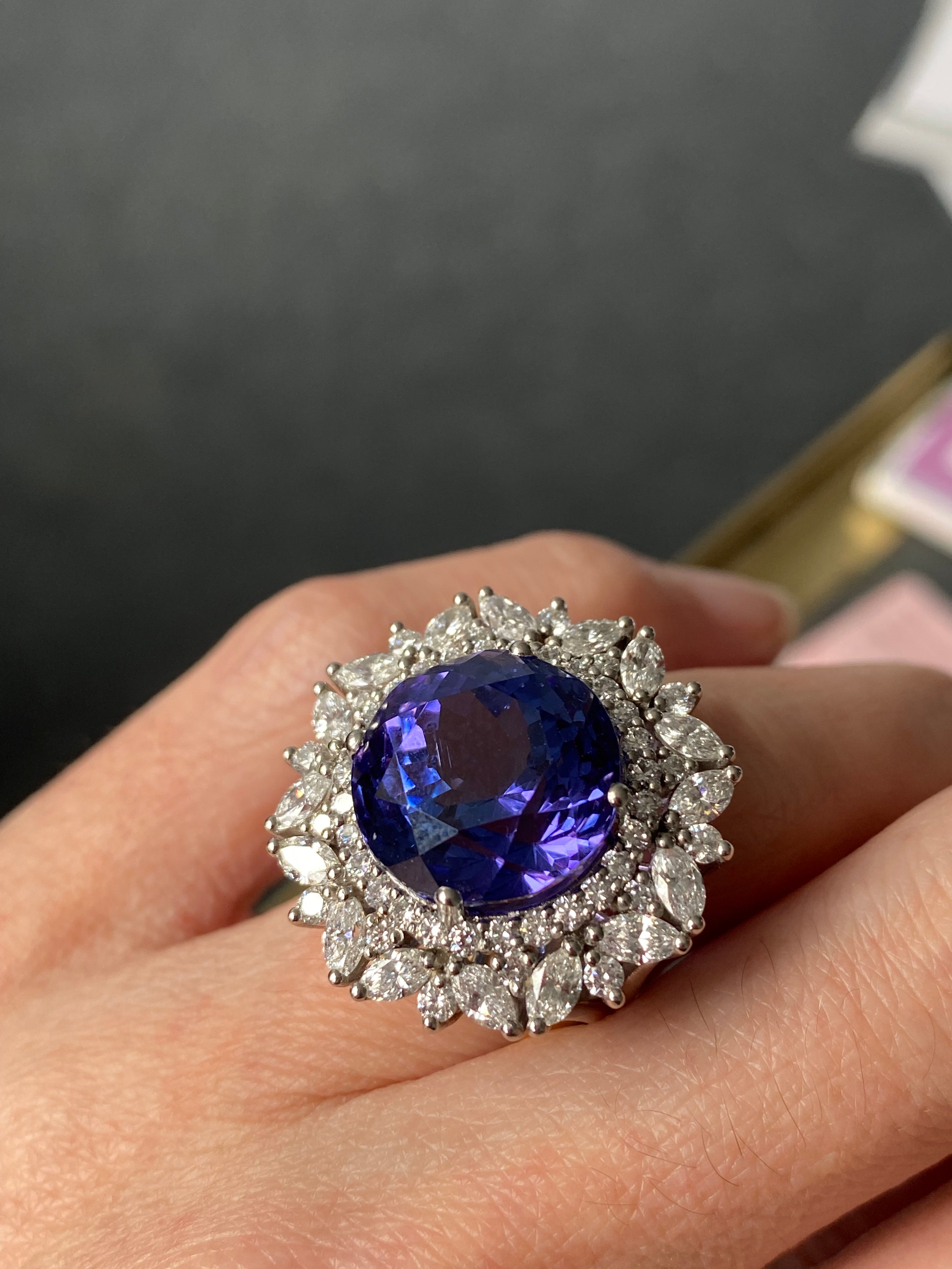 15.96 Carat Round Cut Tanzanite and 2.88ctw Natural Diamond Cocktail Ring in Platinum