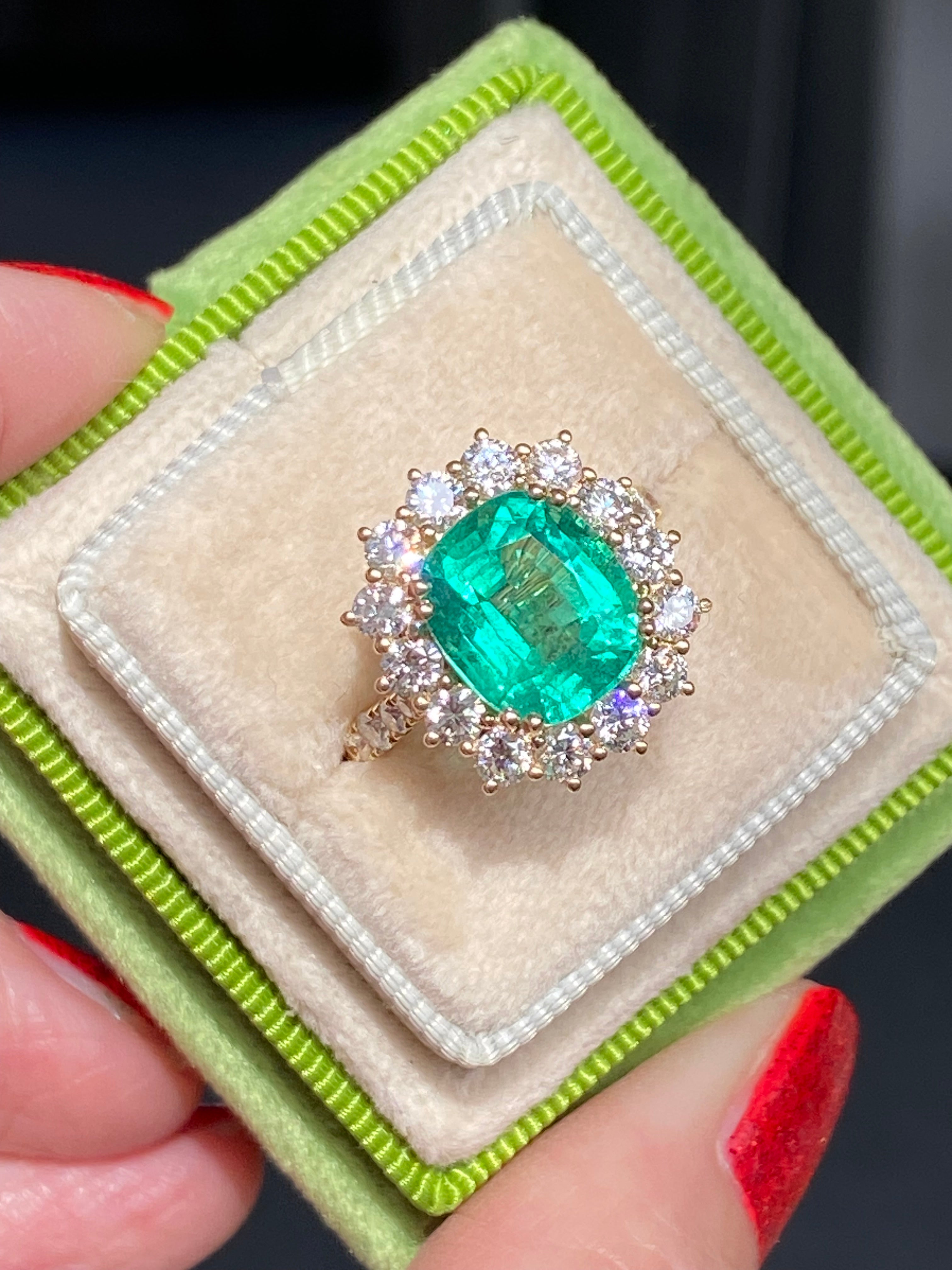 5.31 CTW Cushion Cut Emerald and Natural Diamond Halo Ring in 18ct Yellow Gold