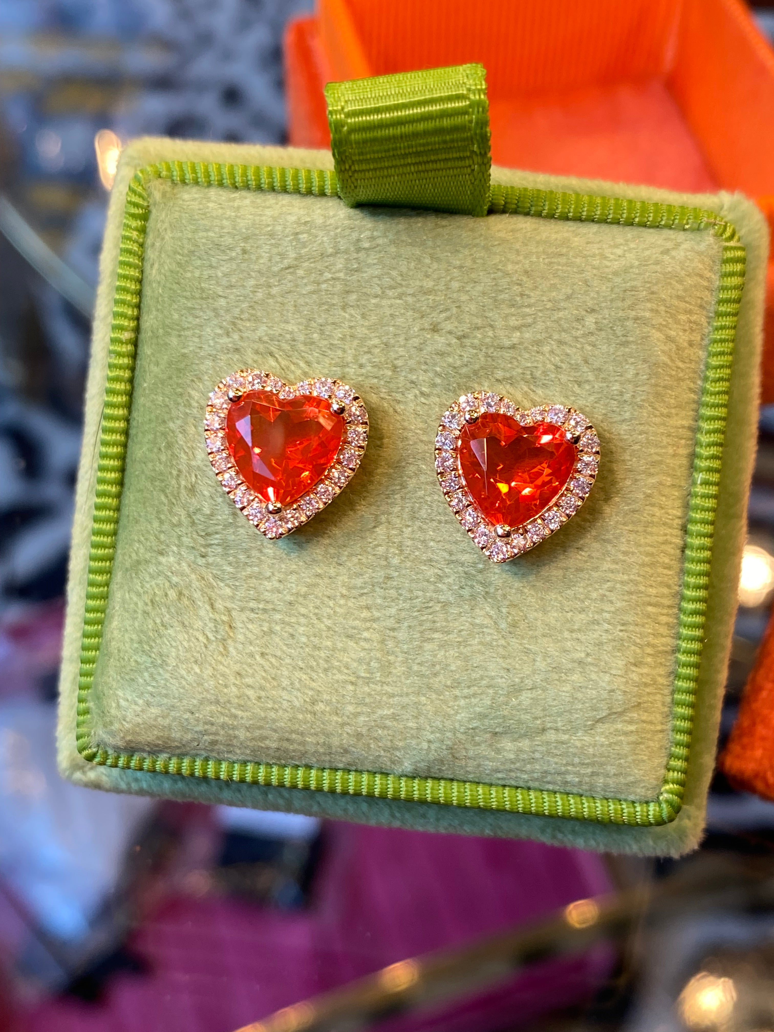 Heart Shaped Fire Opal and Natural Diamond Stud Earrings in 9ct Yellow Gold