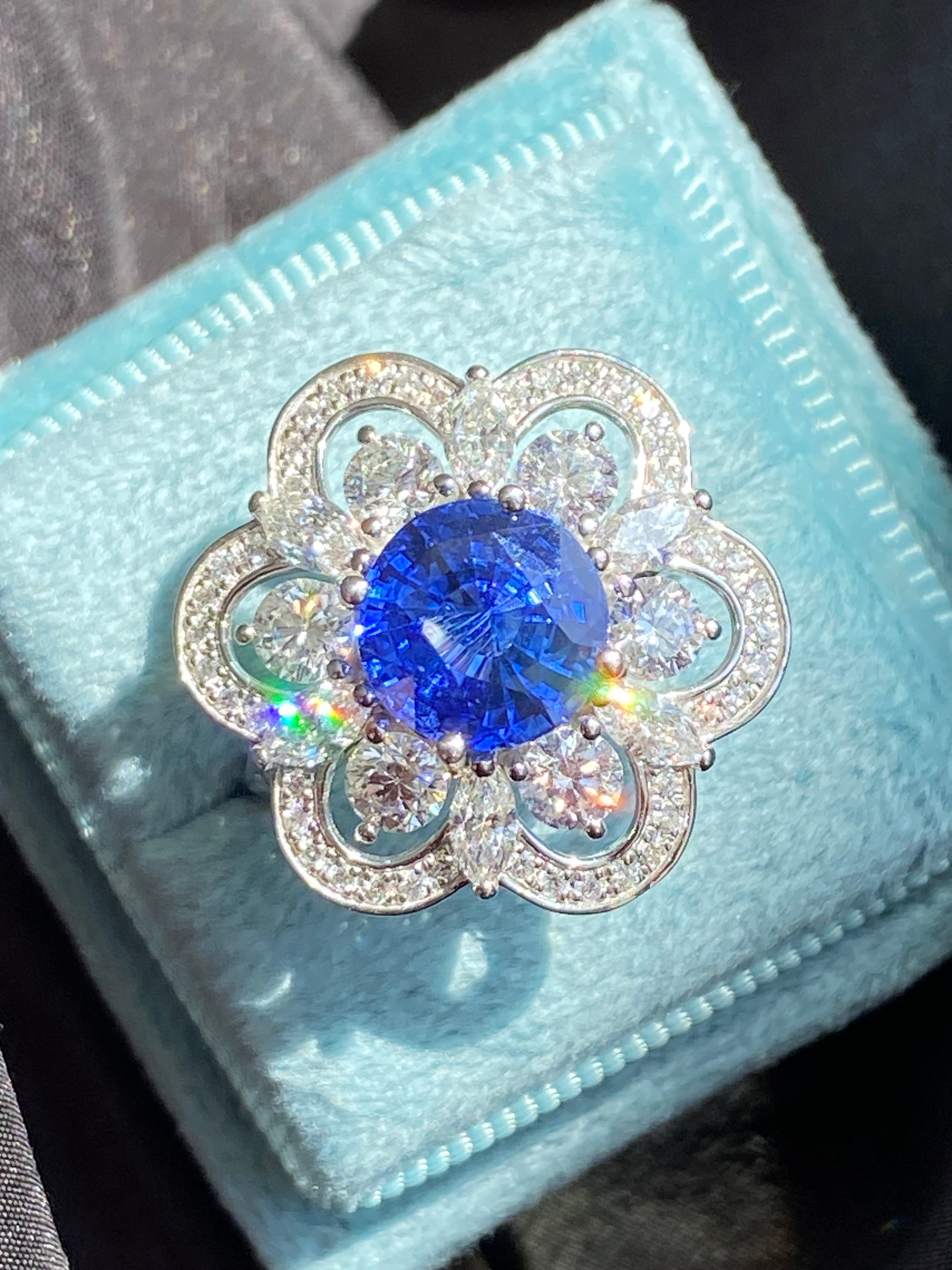 Masterpiece Showstopper 5.44 CTW Ceylon Sapphire and Natural Diamond Halo Cocktail Ring in Platinum