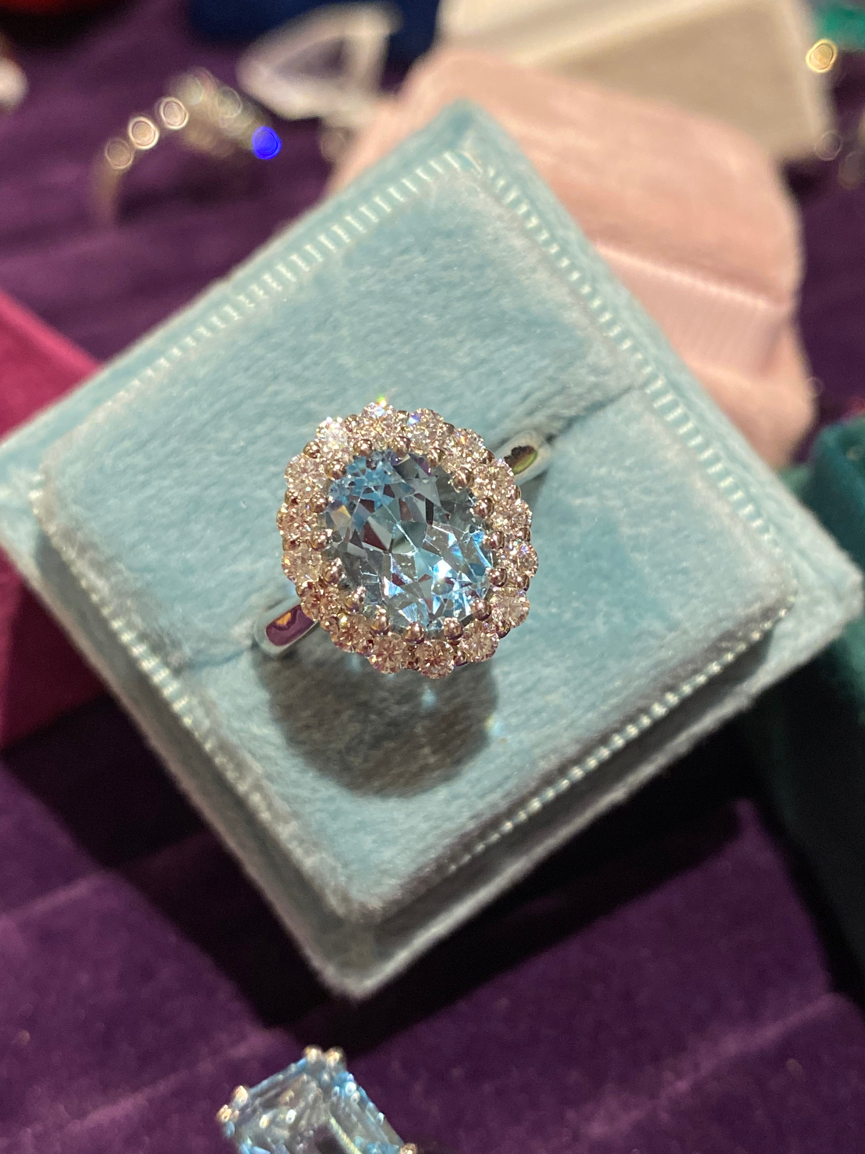 2.33 CTW Oval Cut Blue Topaz and Moissanite Halo Cluster Ring in Sterling Silver