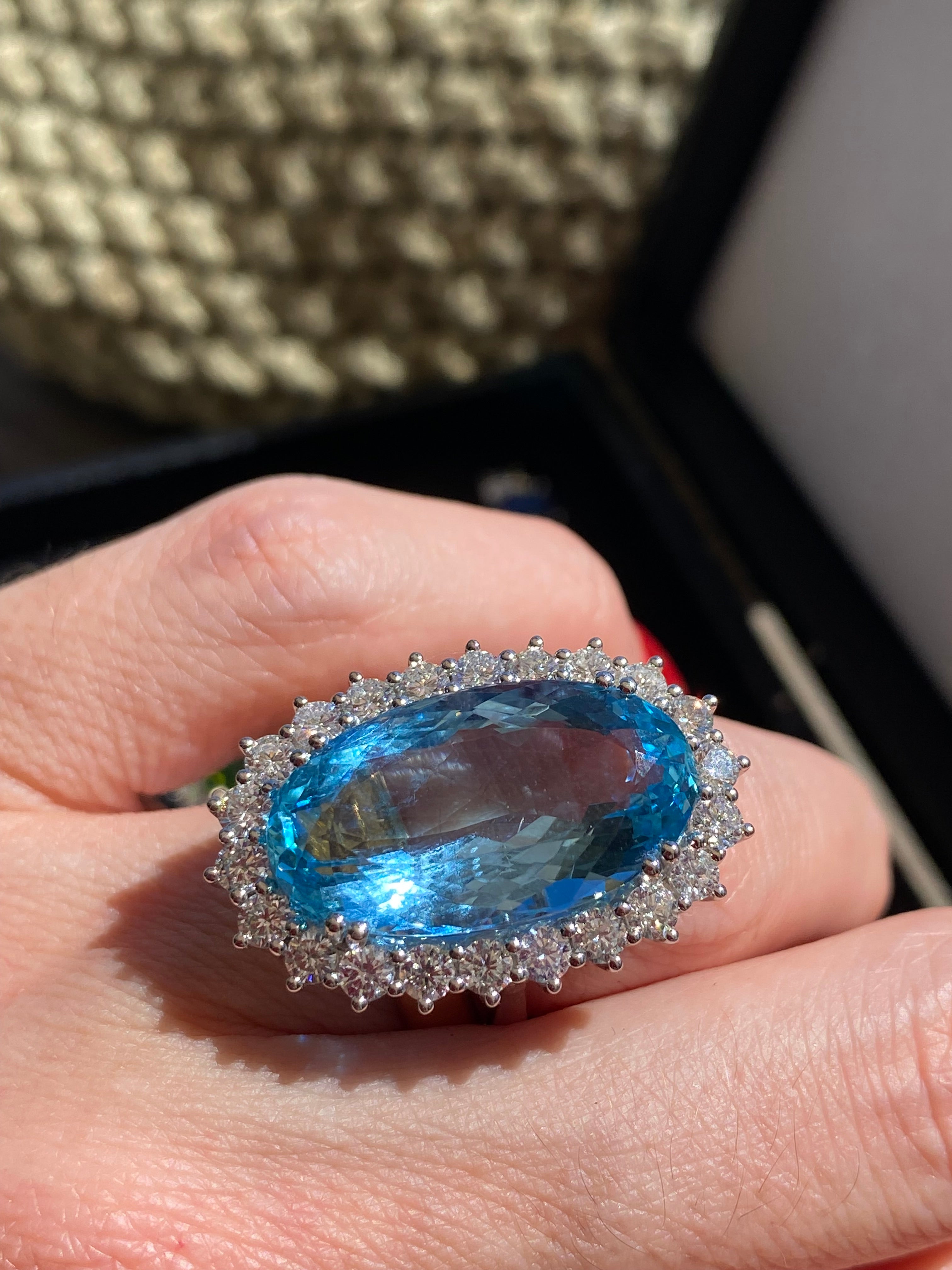 15.48 Carat Certified Santa Maria Aquamarine and 1.87ctw Natural Diamond Halo Ring in Platinum