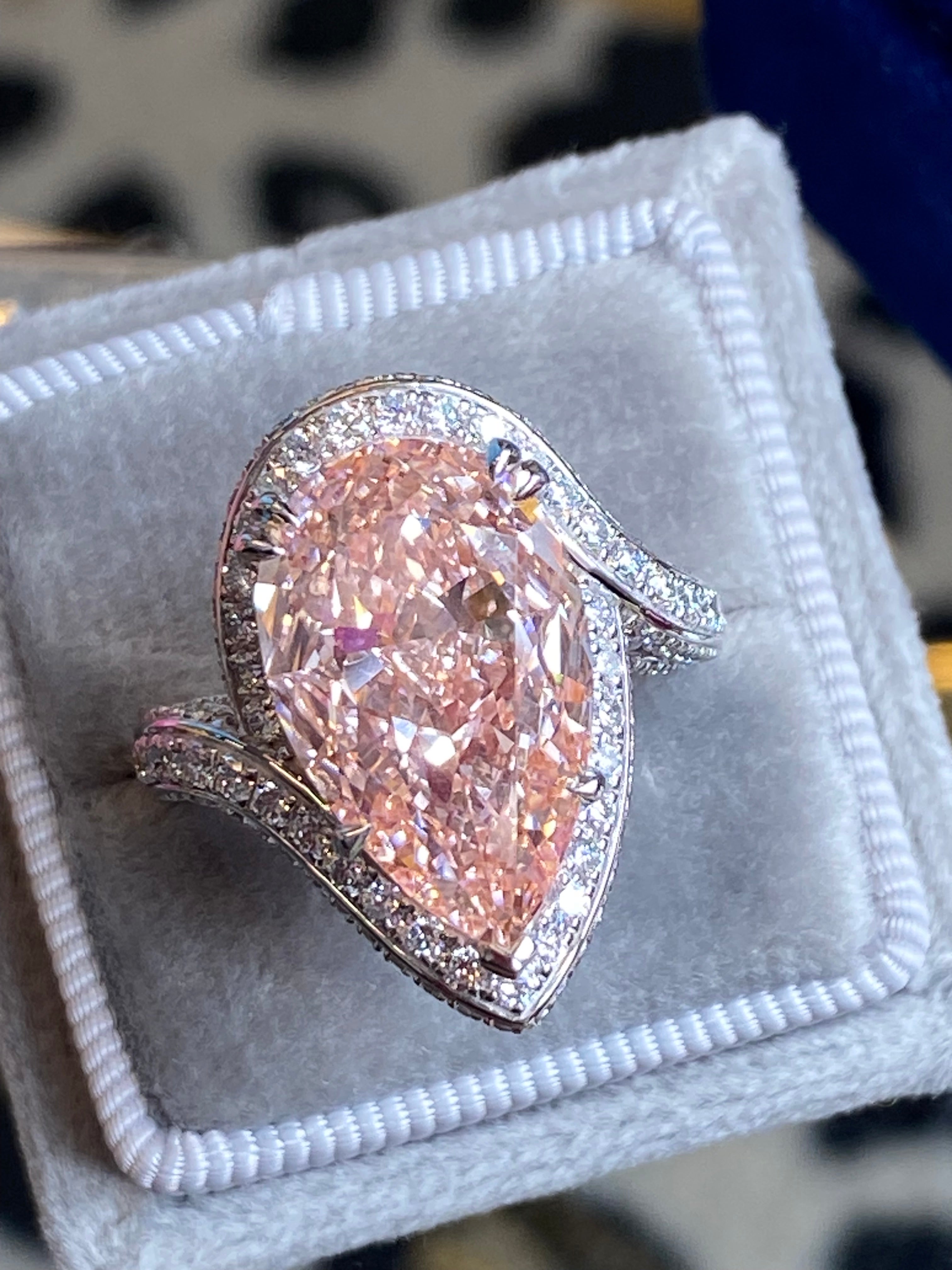 10.45 Carat Fancy Pink Pear Cut + 1.35ctw Lab Diamond Engagement Ring in Platinum