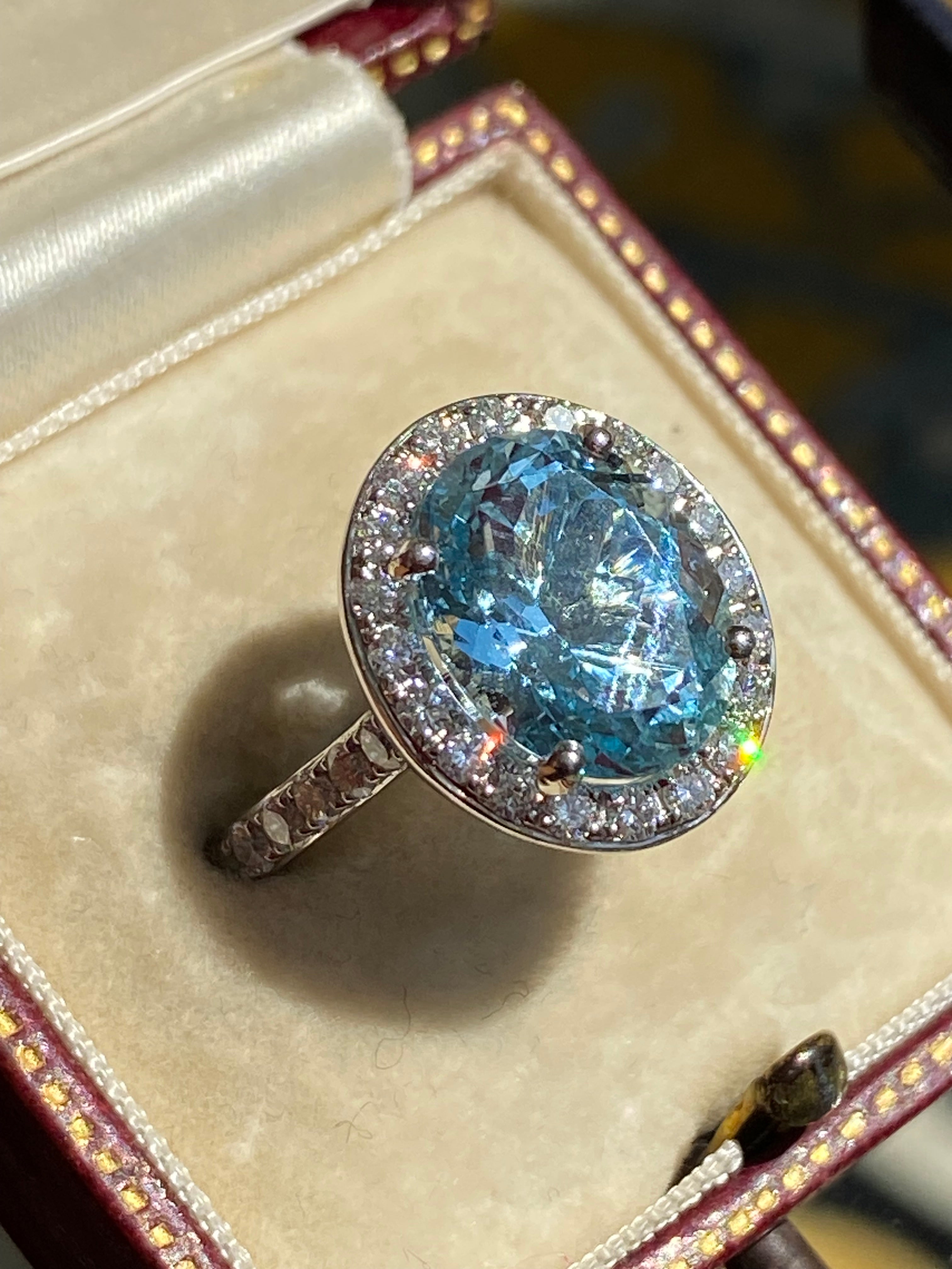 4.32 CTW Oval Cut Aquamarine and Natural Diamond Halo Engagement Ring in Platinum