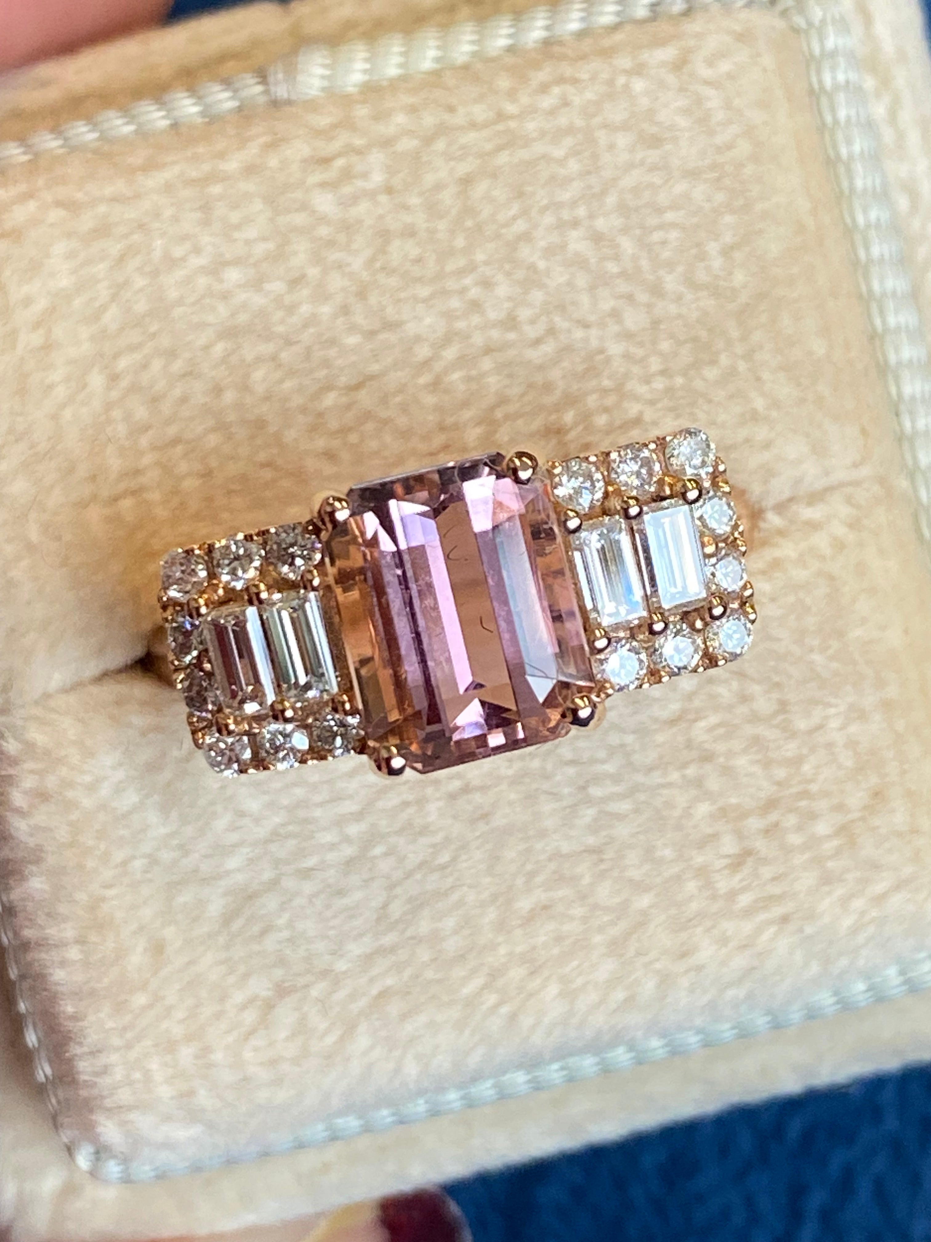 2.49 CTW Emerald Cut Morganite and Diamond Three Stone Style Engagement Ring in 18ct Rose Gold