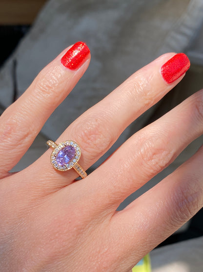 1.37 Carat Lilac Sapphire and Natural Diamond Engagement Ring in 18ct Yellow Gold