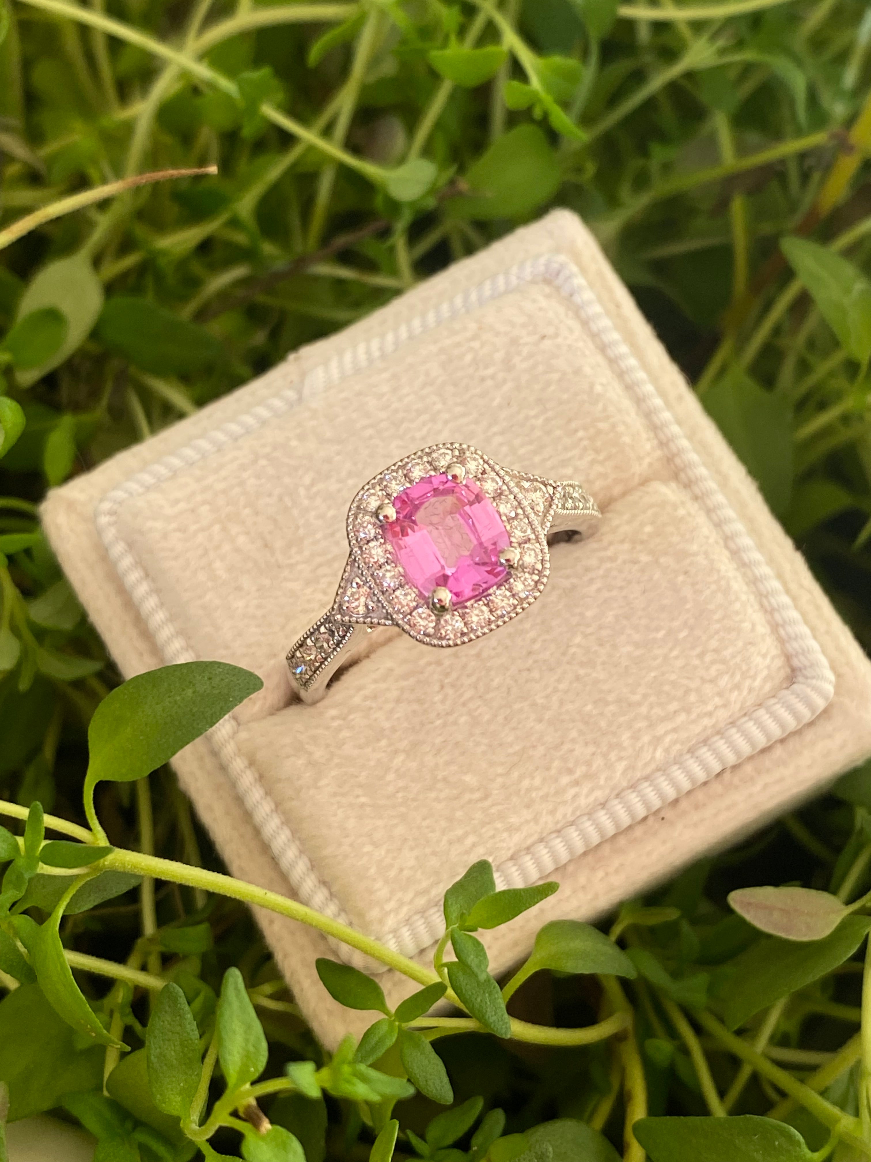 0.98 Carat Cushion Cut Pink Sapphire and 0.28 CTW Natural Diamond Halo Ring in Platinum