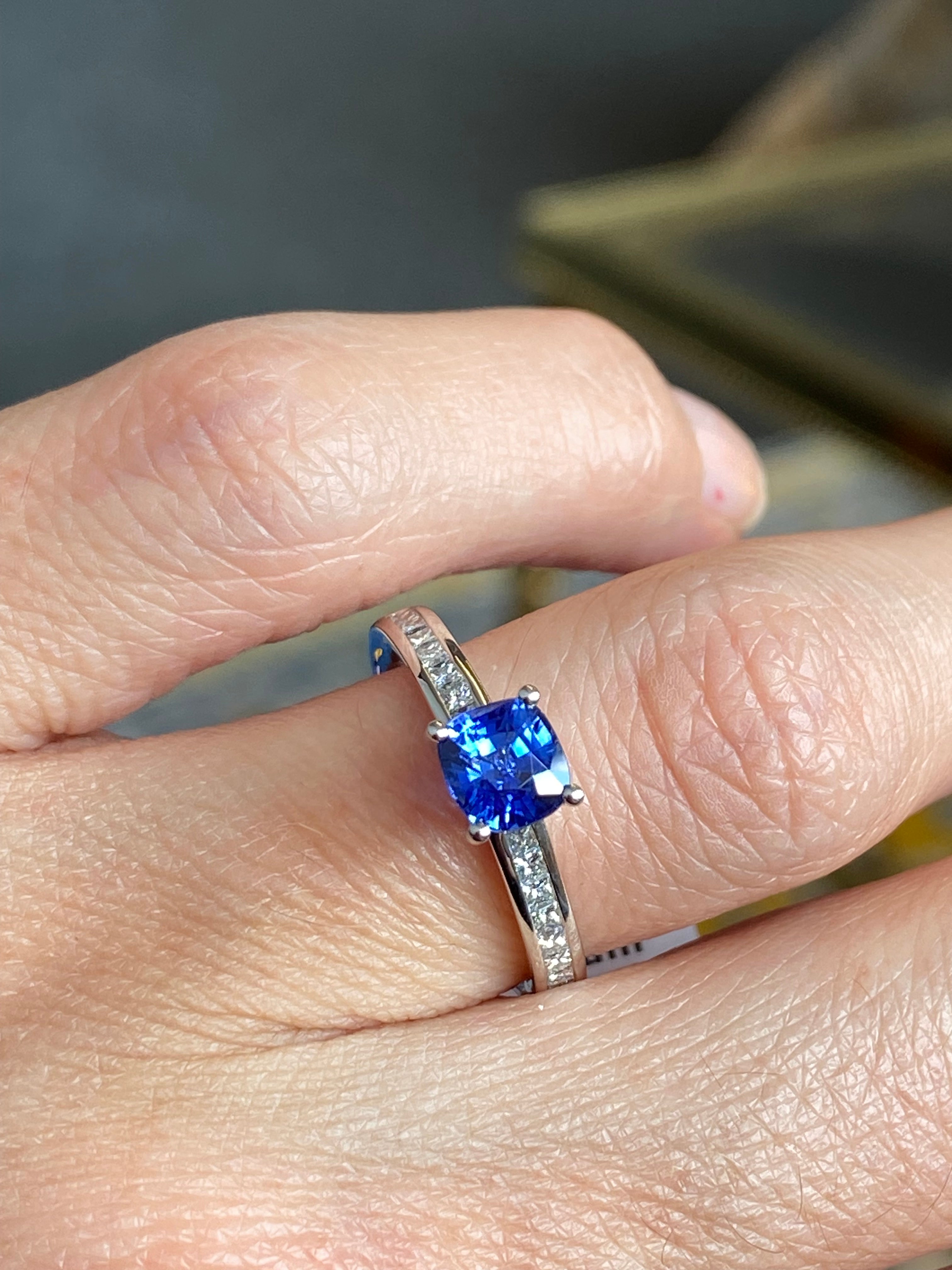 1.02 Carat Cushion Cut Blue Ceylon Sapphire Solitaire Style Engagement Ring in Platinum