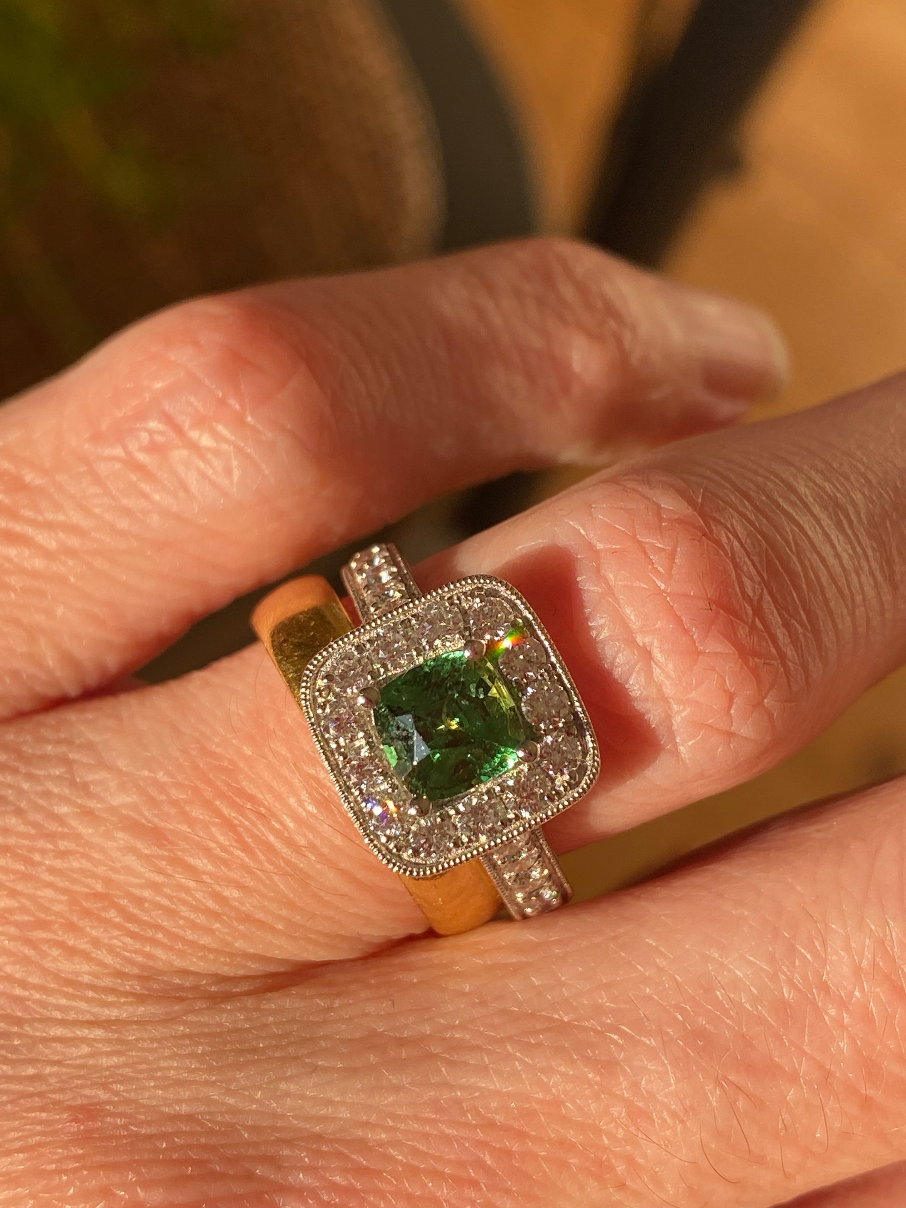 1.29 Carat Tsavorite Garnet and 0.72 Carat Diamond Halo Engagement Ring in Platinum