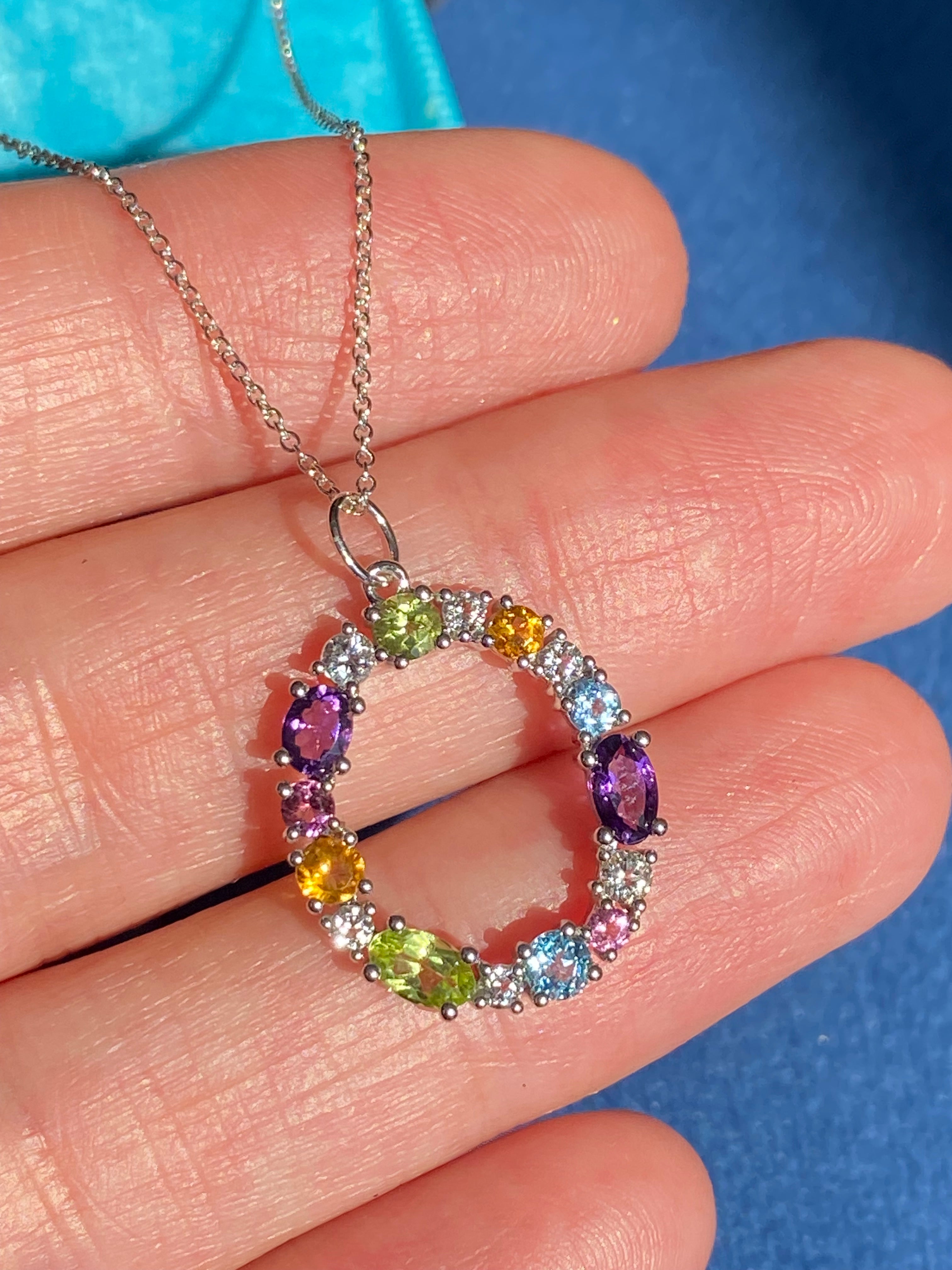 1.61 CTW Peridot, Pink Sapphire, Blue Topaz, Citrine, Amethyst, and Diamond Pendant Necklace in 18ct White Gold