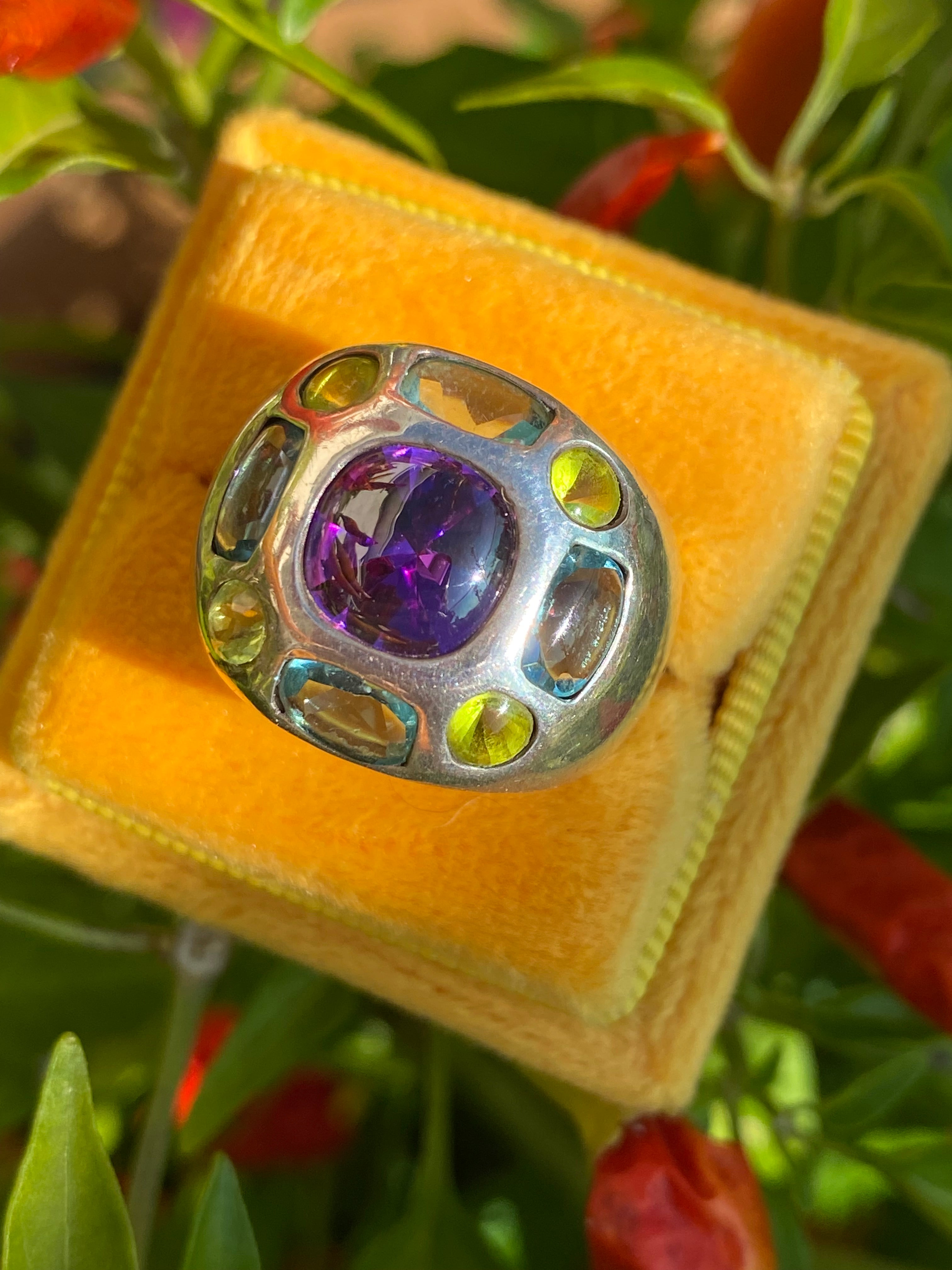Beautiful Vintage Amethyst, Peridot and Blue Topaz Ring in Sterling Silver