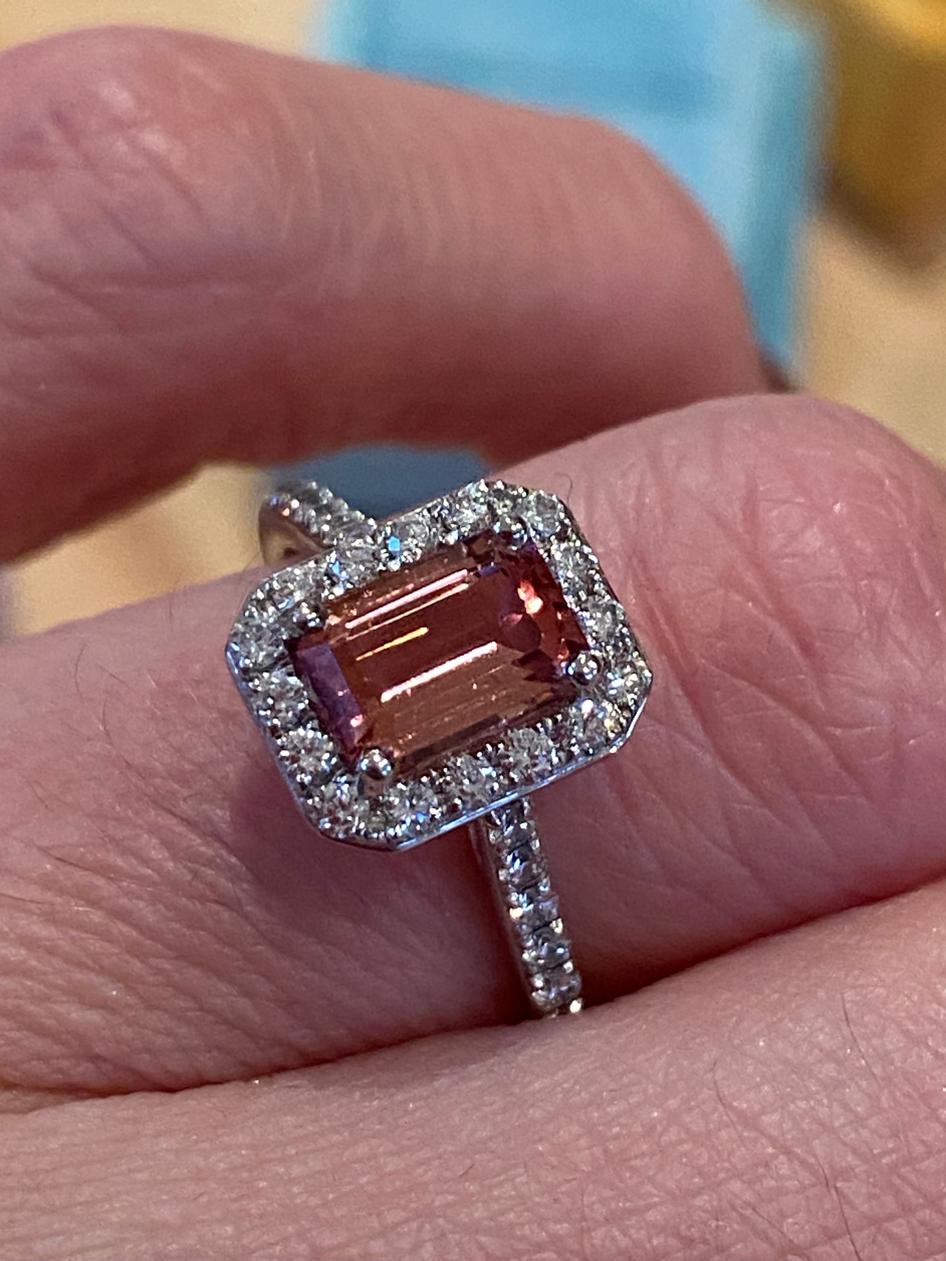 1.42 CTW Emerald Cut Pink Tourmaline and Natural Diamond Halo Ring in Platinum