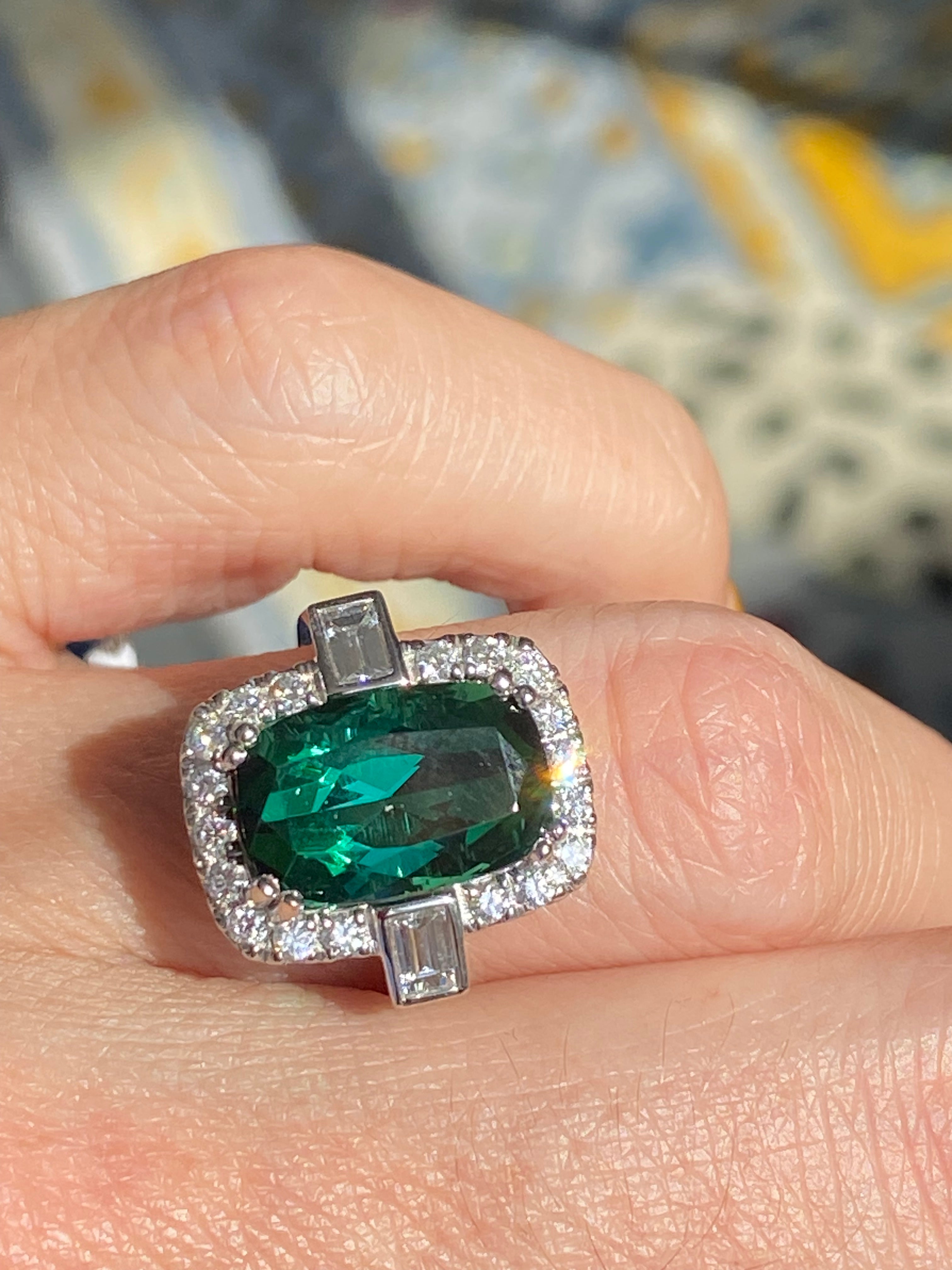 6.35 CTW Cut Teal Tourmaline and Natural Diamond Ring in Platinum