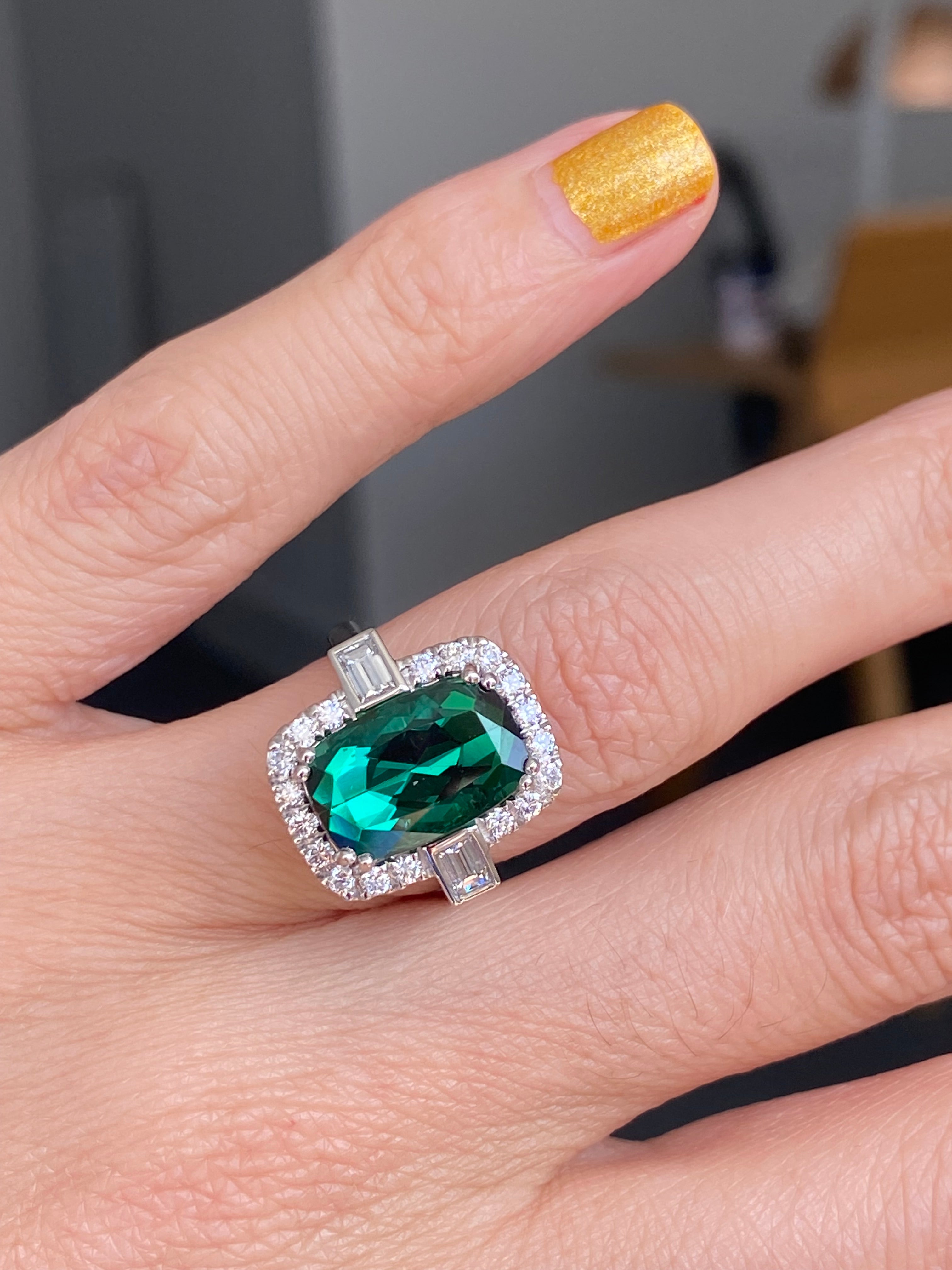 6.35 CTW Cut Teal Tourmaline and Natural Diamond Ring in Platinum