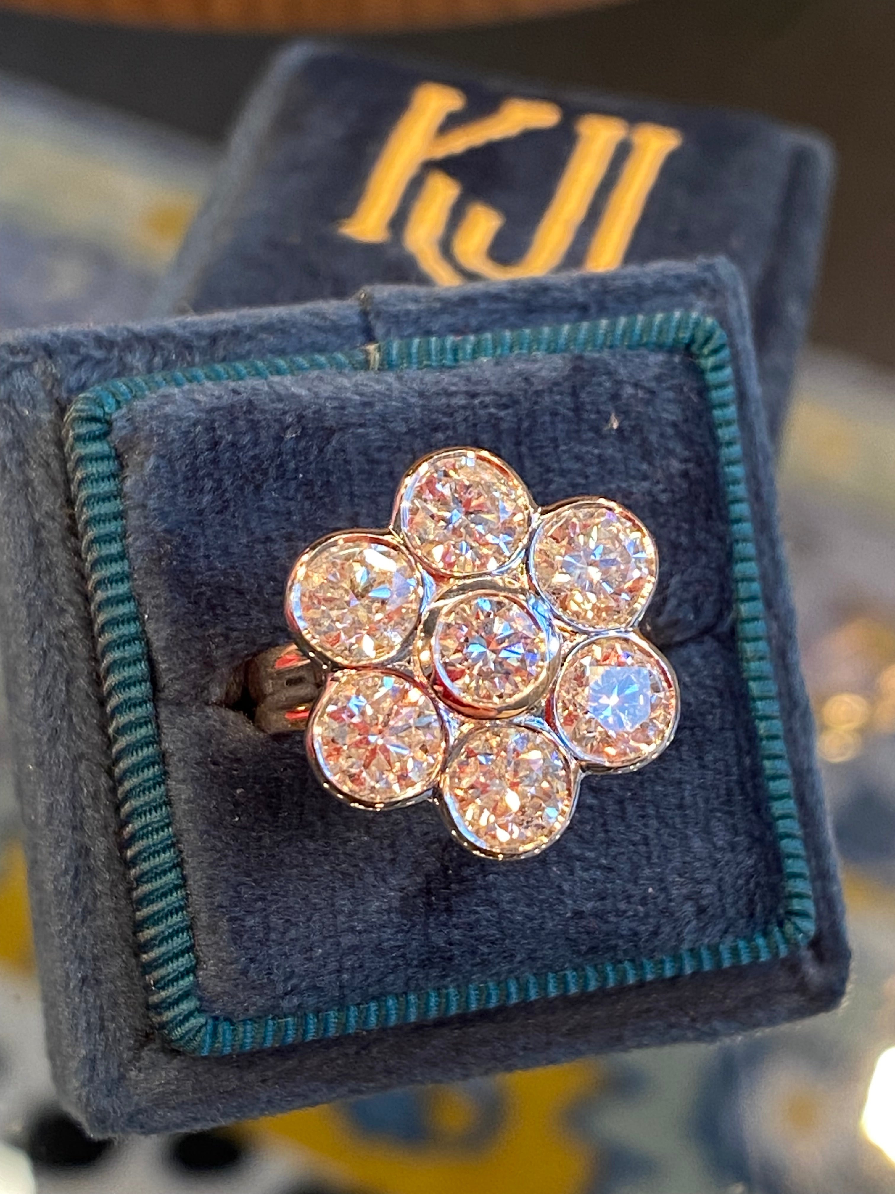 Vintage 4.07 CTW Natural Diamond Daisy Cluster Ring in Platinum and 18ct Yellow Gold