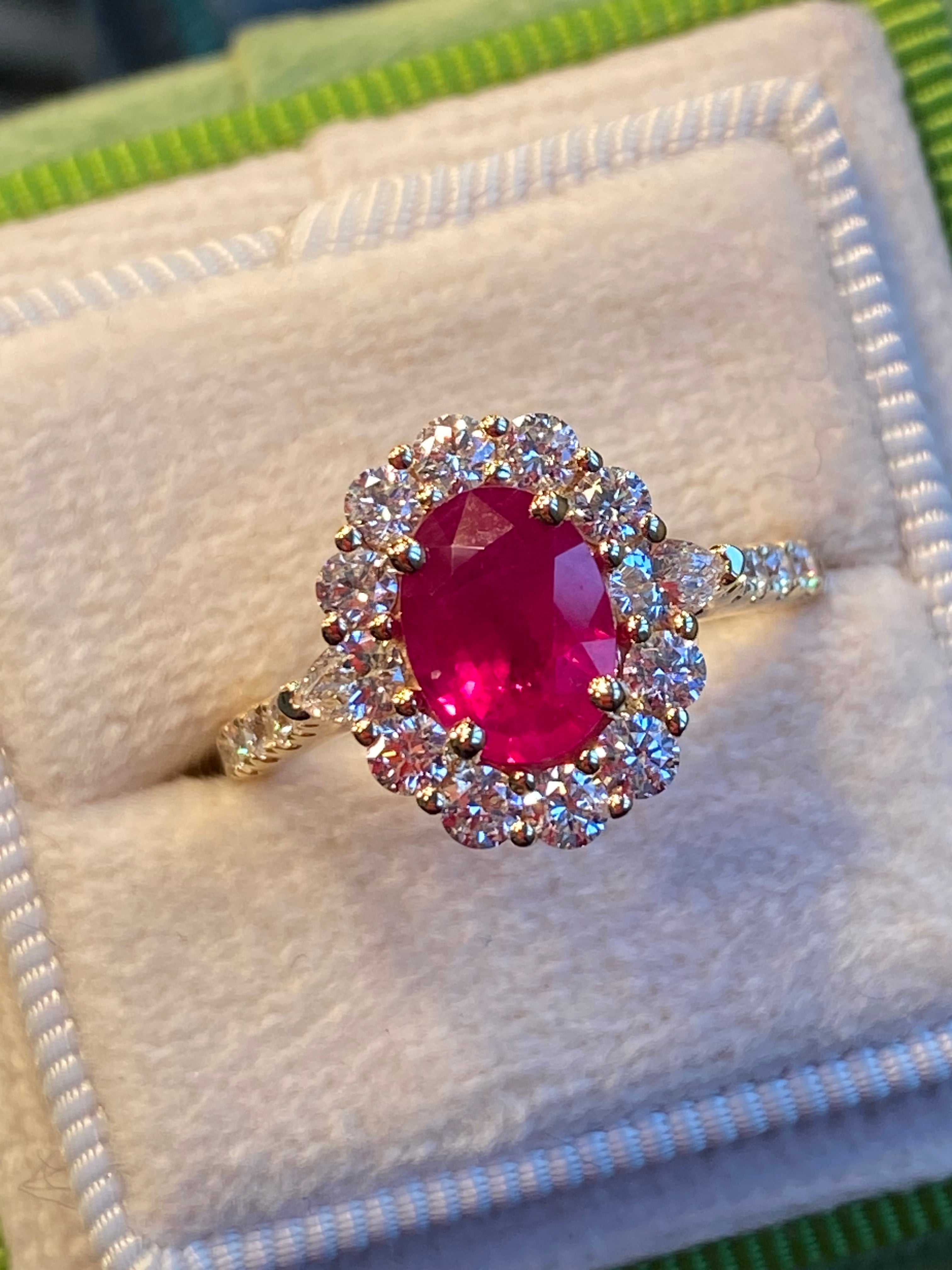 2.40 CTW Ruby and Natural Diamond Halo Ring in 18ct Yellow Gold