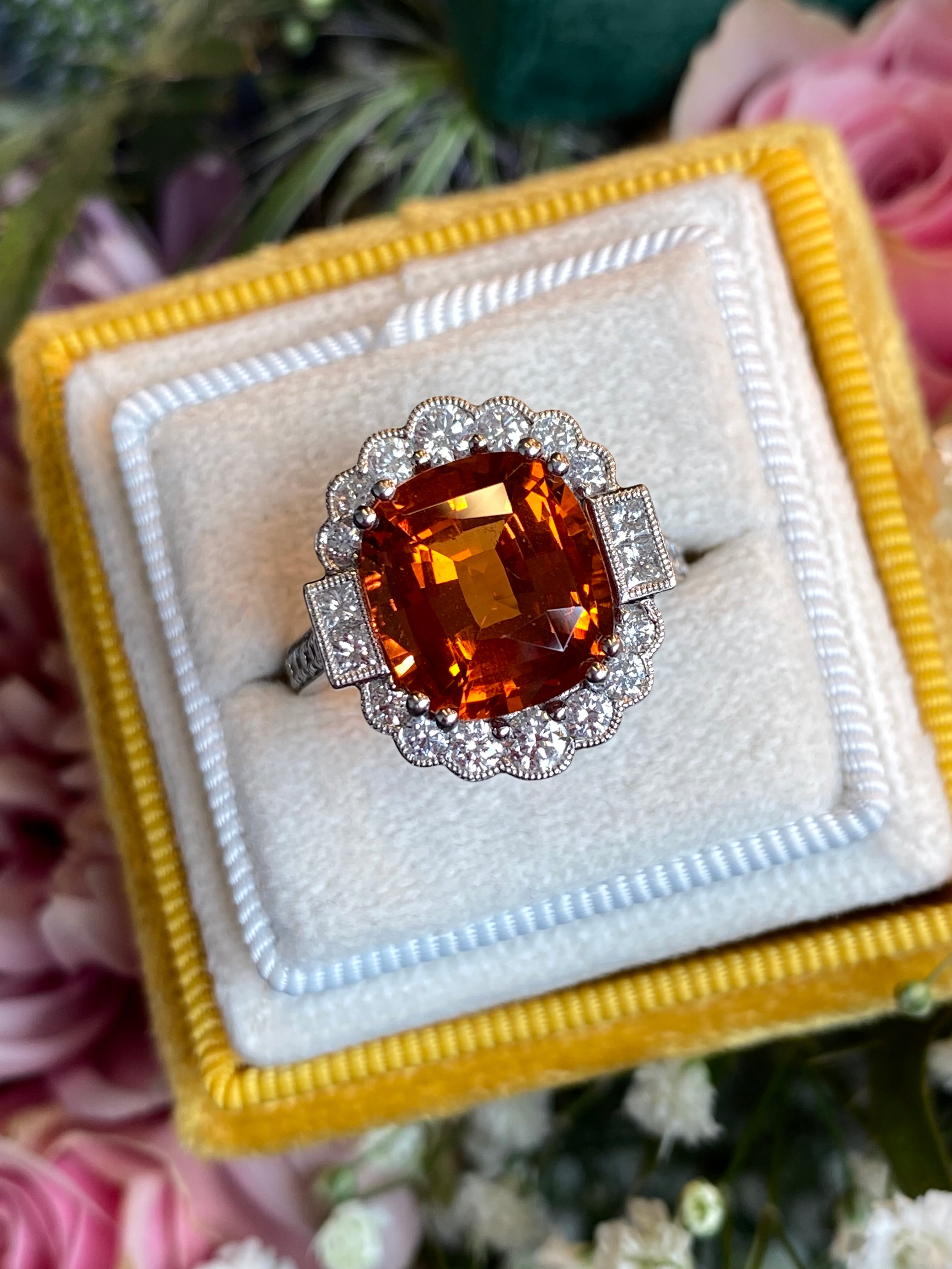 5.95 Carat Hessonite Garnet and 1.03ctw Natural Diamond Ring in Platinum