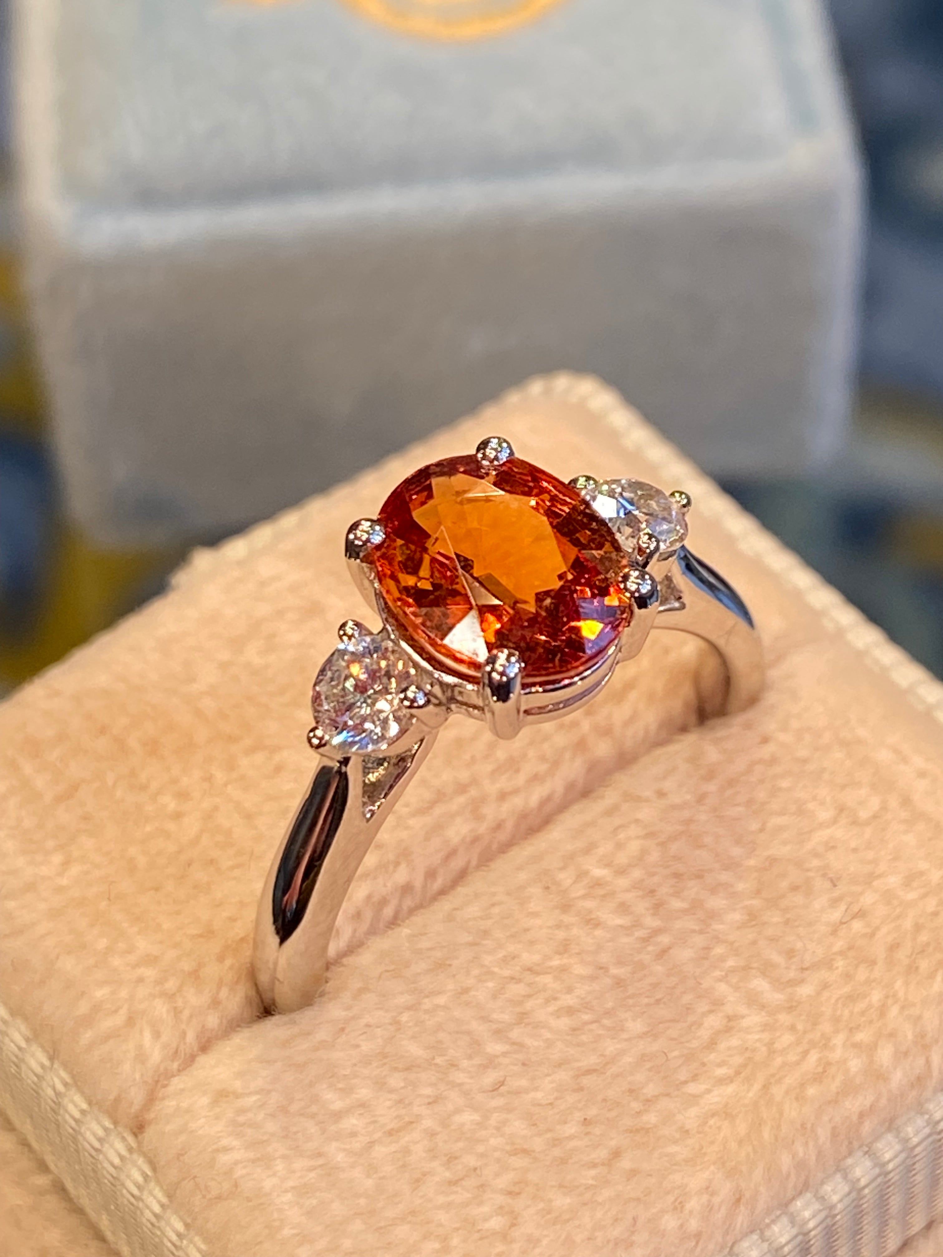 2.42 CTW Mandarin Garnet and Natural Diamond Three Stone Ring in Platinum