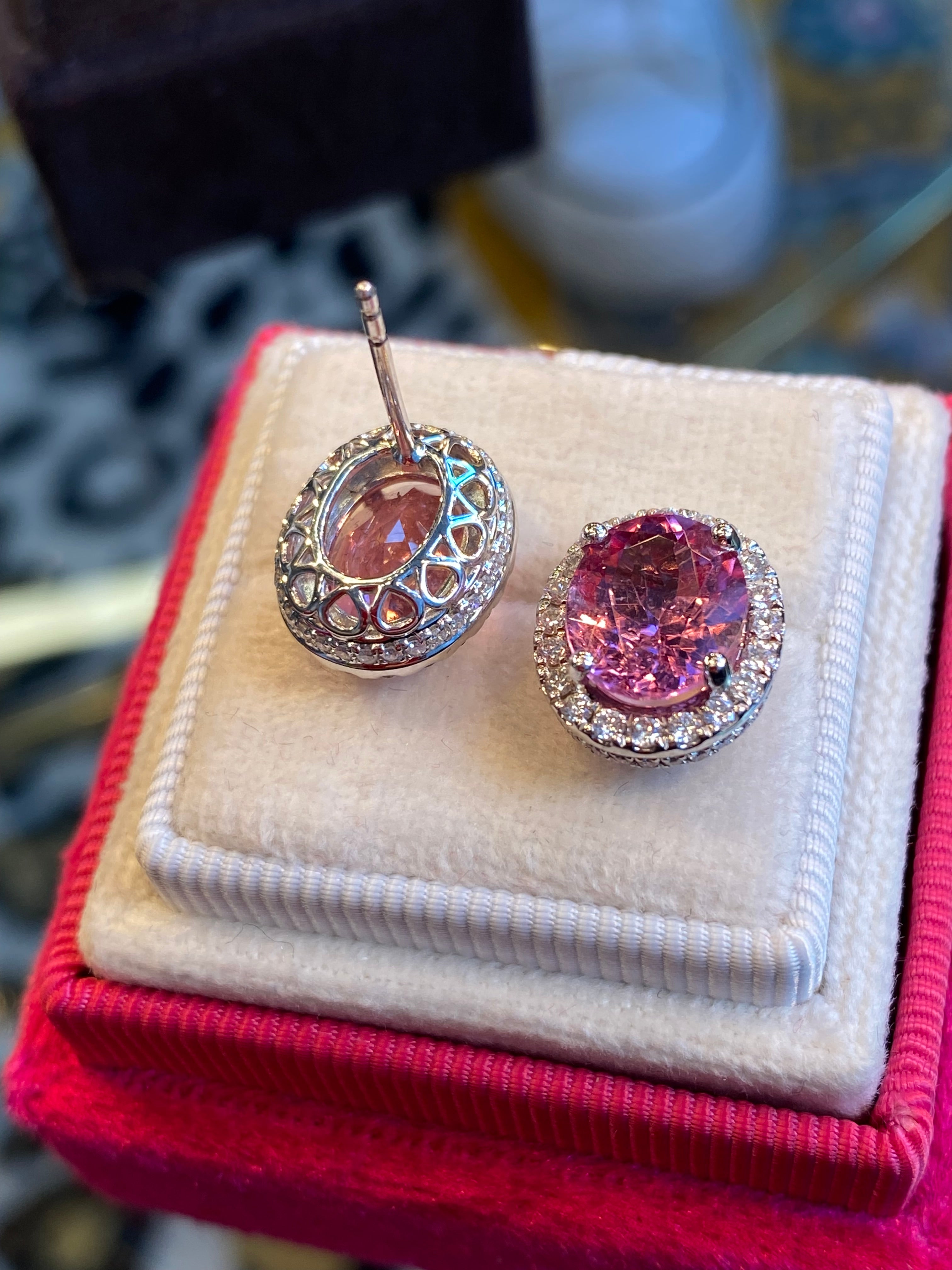 5.90 CTW Pink Tourmaline and Diamond Halo Stud Earrings in Platinum