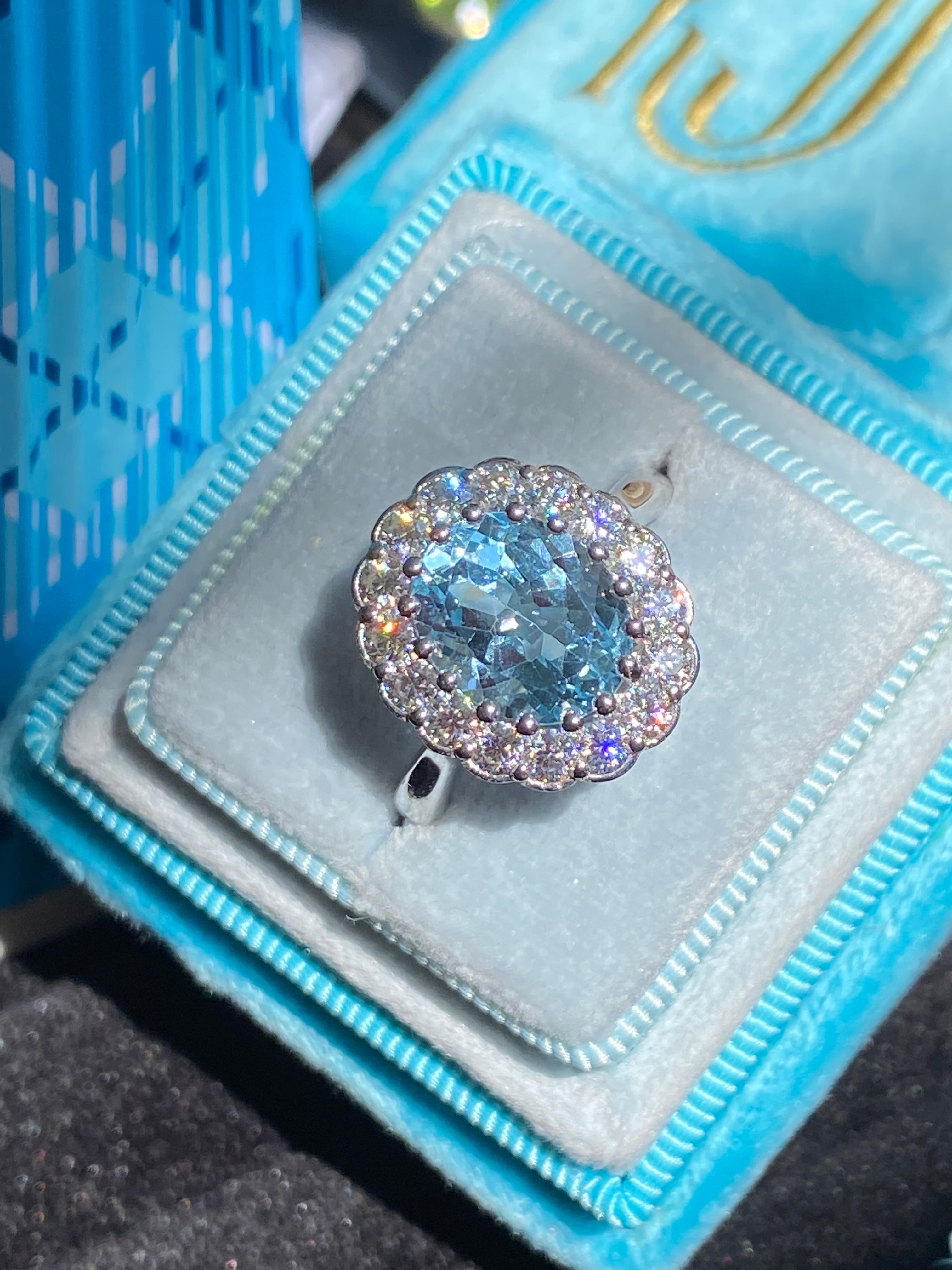 5.50 CTW Oval Cut Blue Topaz and Moissanite Halo Cocktail Ring