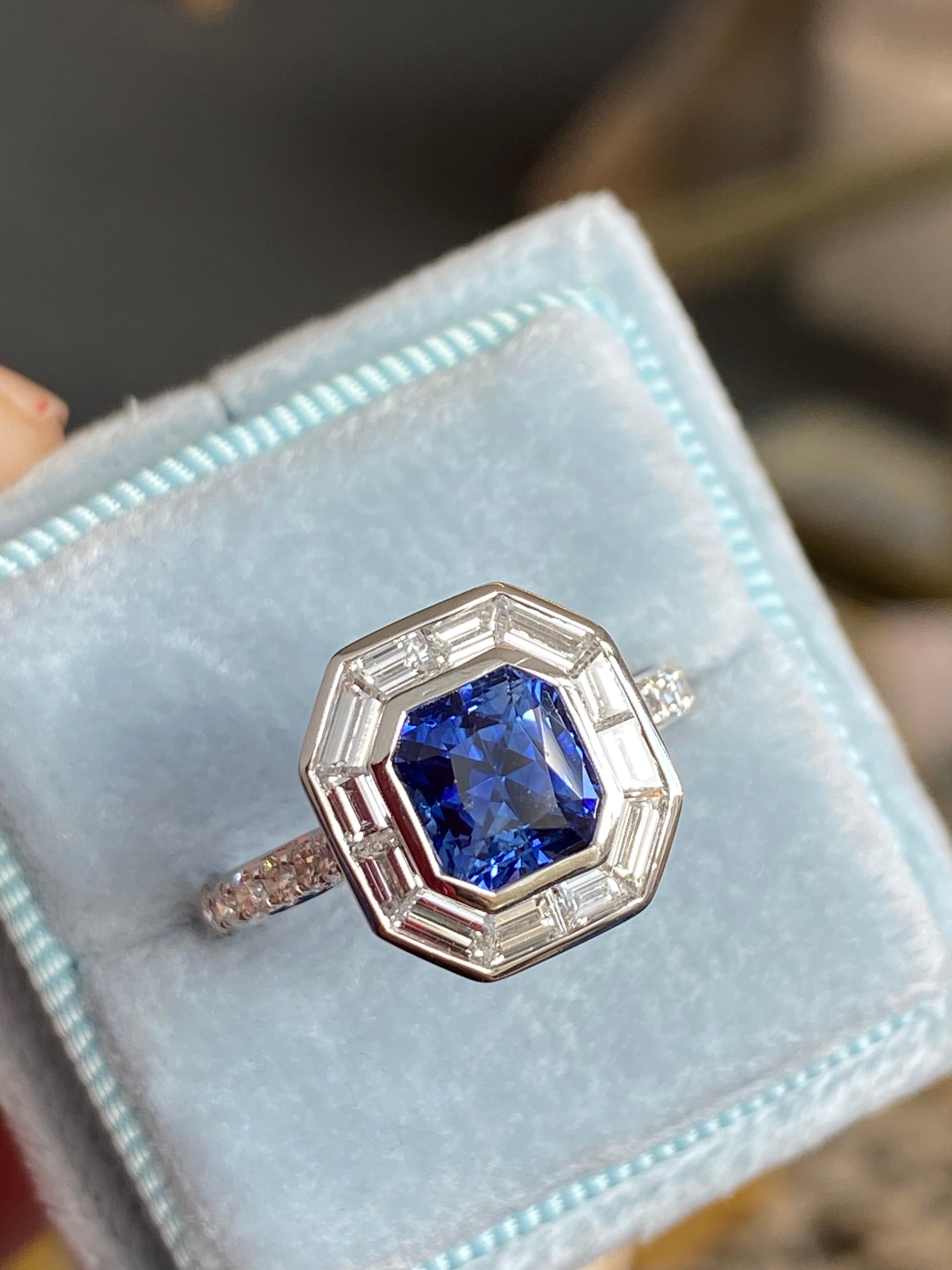 2.10 Carat Blue Ceylon Sapphire and 1.09 CTW Natural Diamond Halo Ring in Platinum