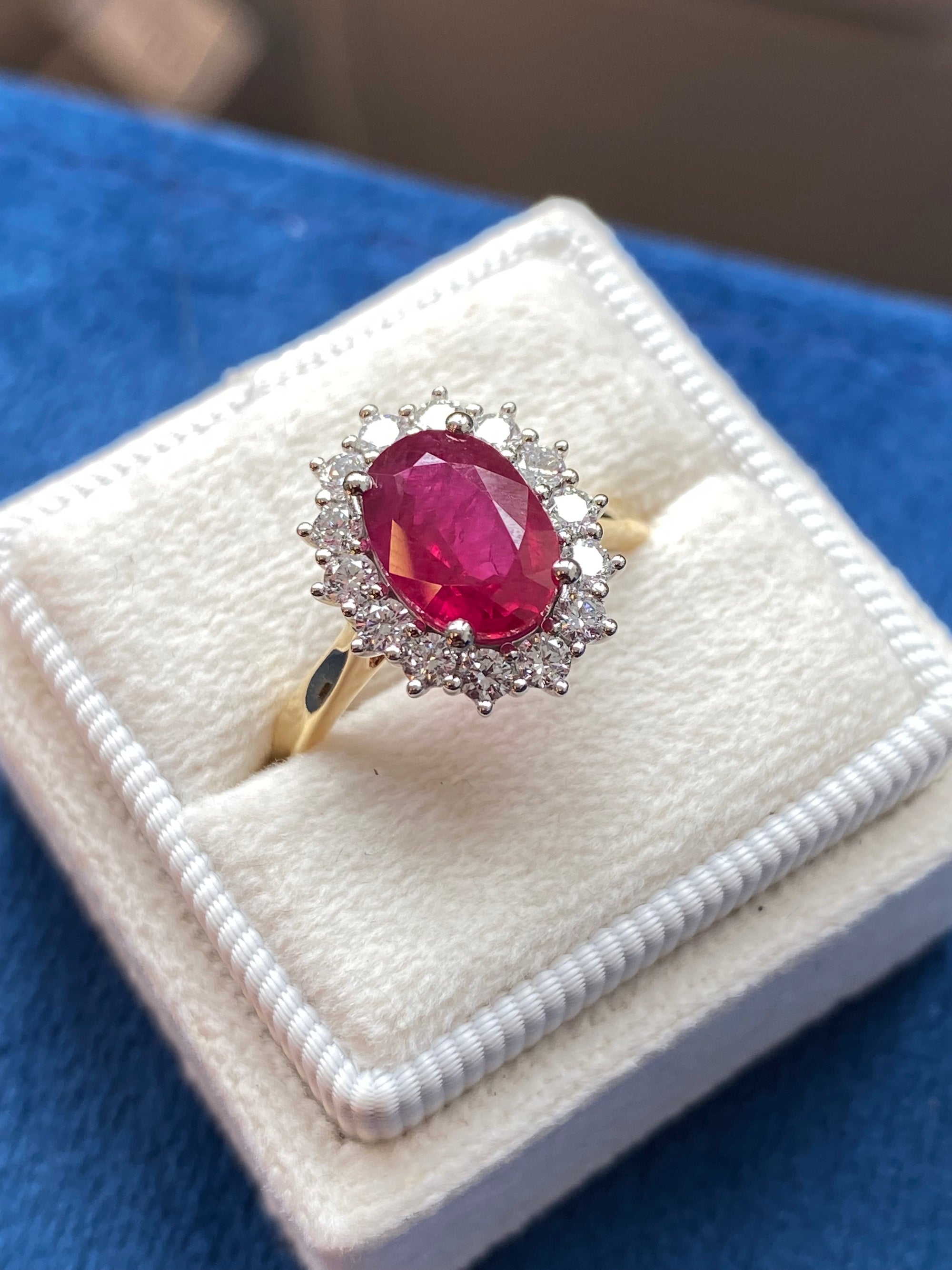 2.95ctw Oval-Cut Ruby and Natural Diamond Halo Ring in Platinum and 18ct Yellow Gold