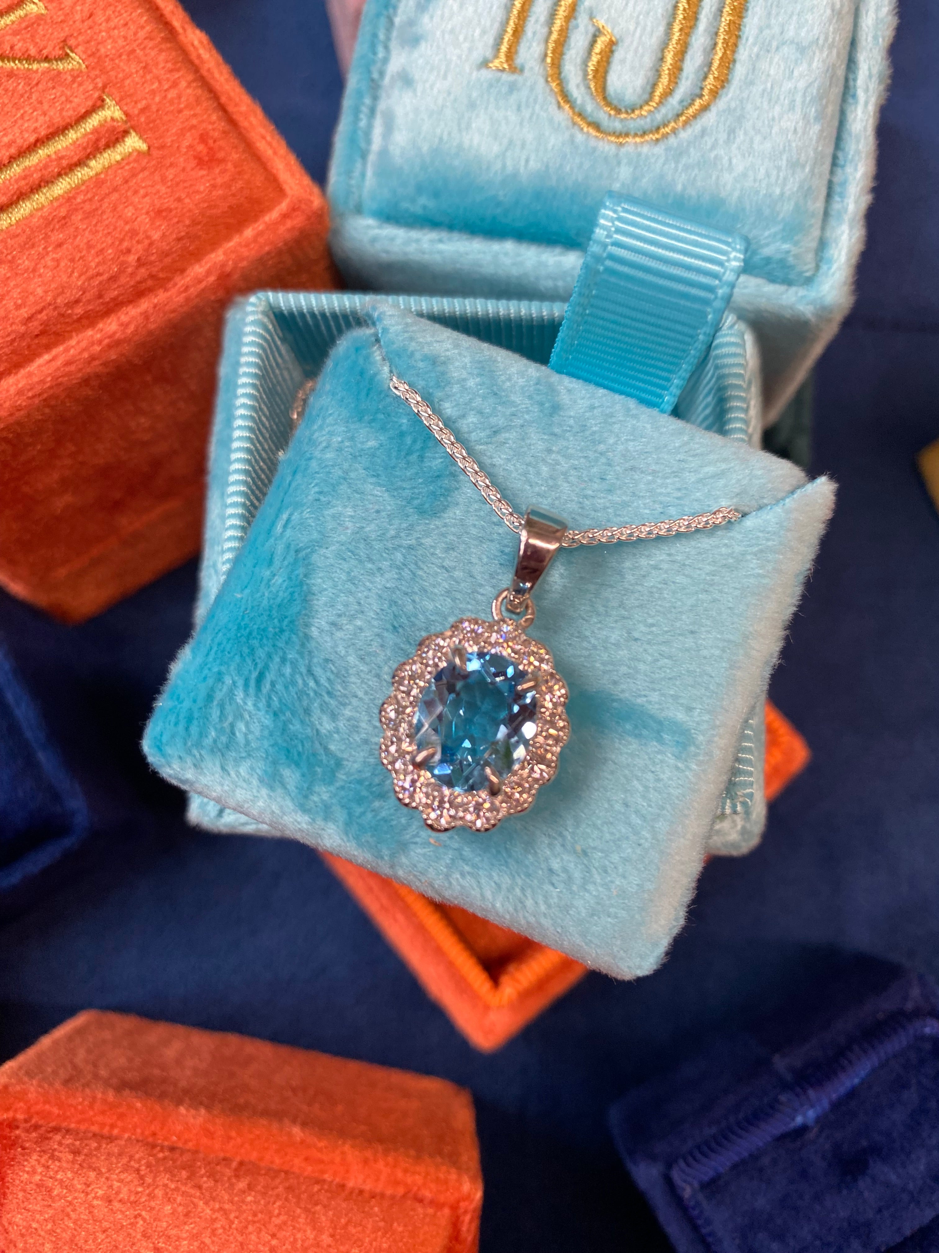 5.00 CTW Blue Topaz and Moissanite Halo Pendant Necklace in Sterling Silver