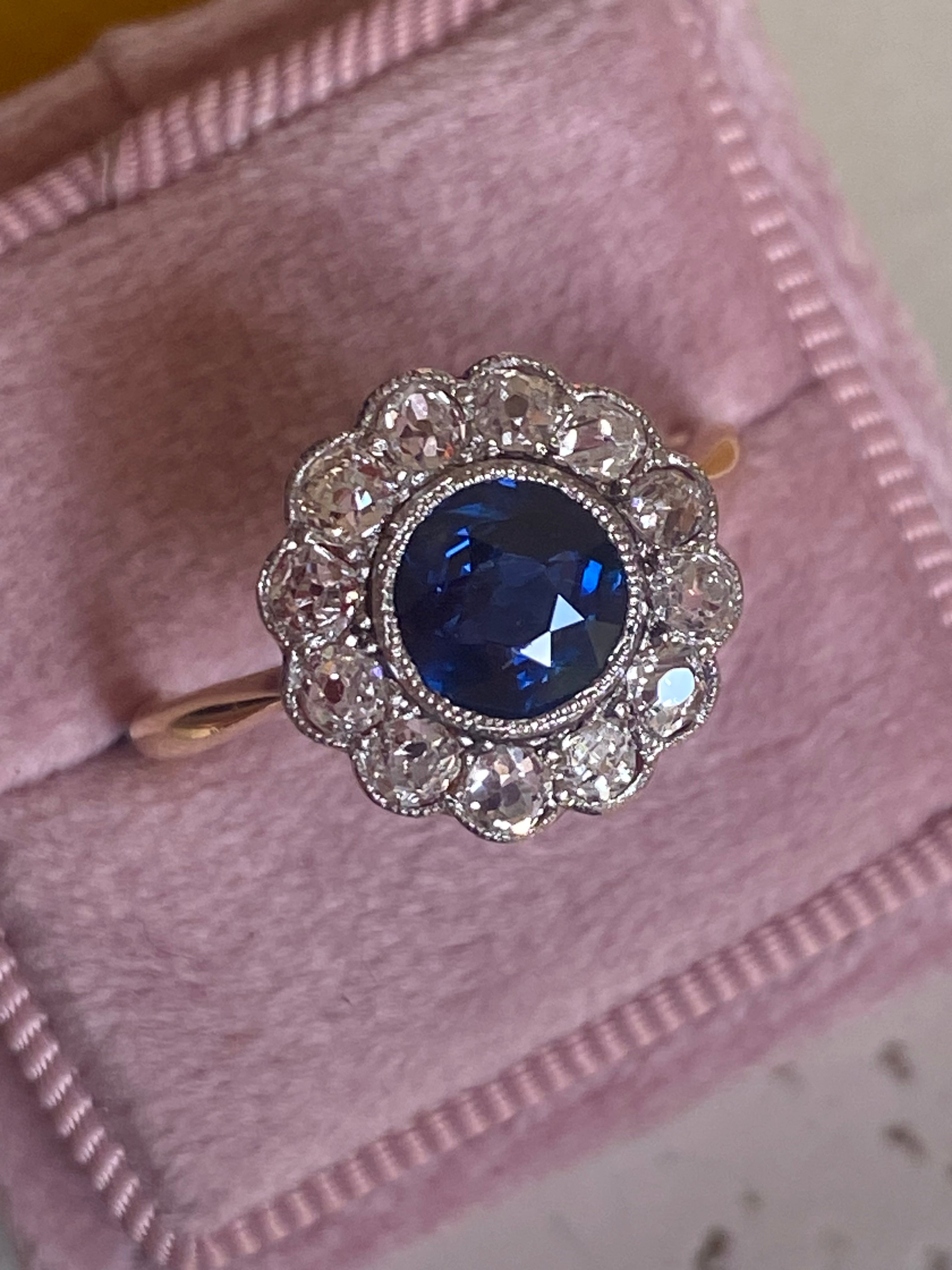 2.25 CTW Antique Edwardian Old Cut Sapphire and Diamond Daisy Ring in 18ct Gold and Platinum