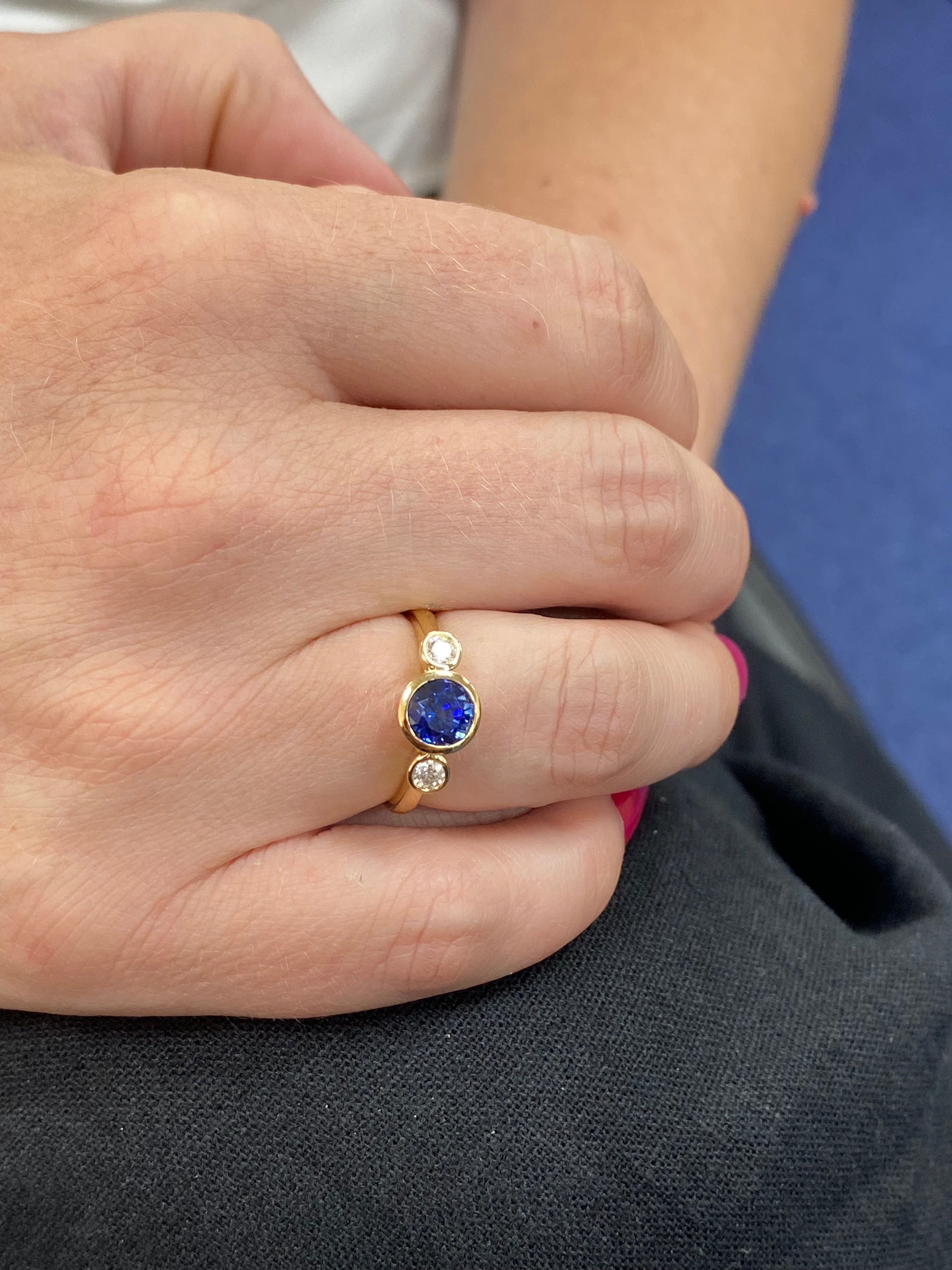 1.41 Carat Blue Ceylon Sapphire and 0.18 CTW Natural Diamond Halo Ring in 18ct Yellow Gold