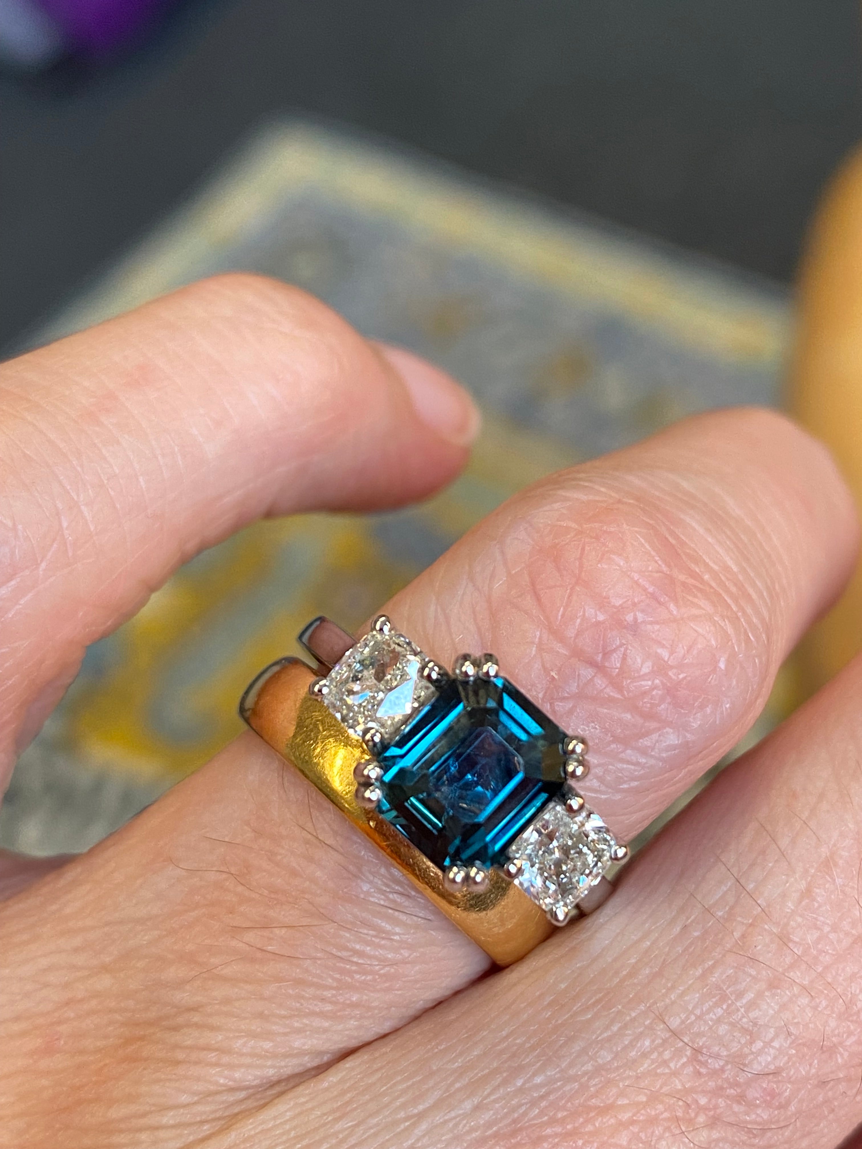 2.42 Carat Teal Sapphire and 0.97 CTW Natural Diamond Three Stone Ring in Platinum