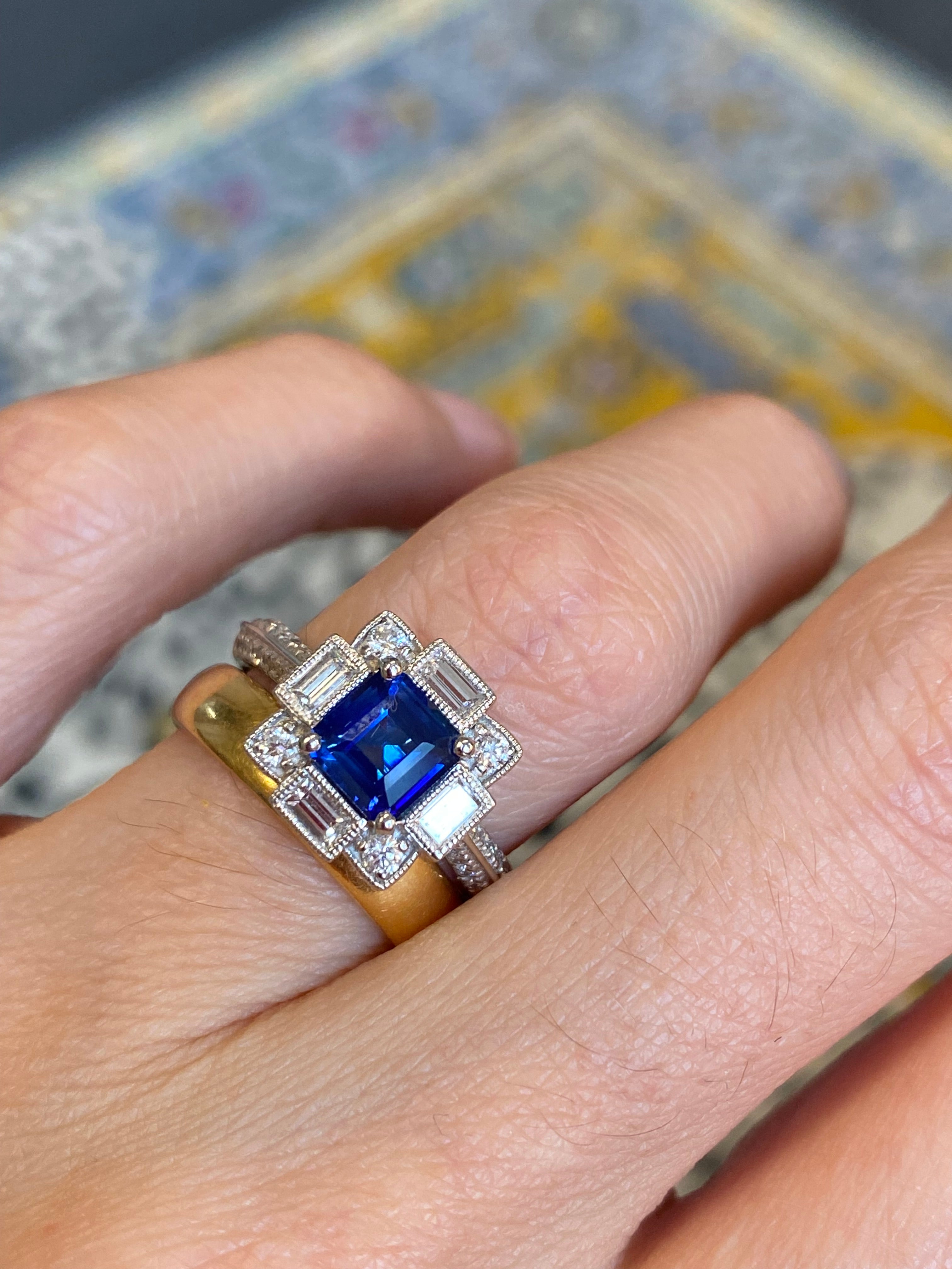 1.79 CTW Blue Ceylon Sapphire and Natural Diamond Art Deco Style Halo Ring in Platinum