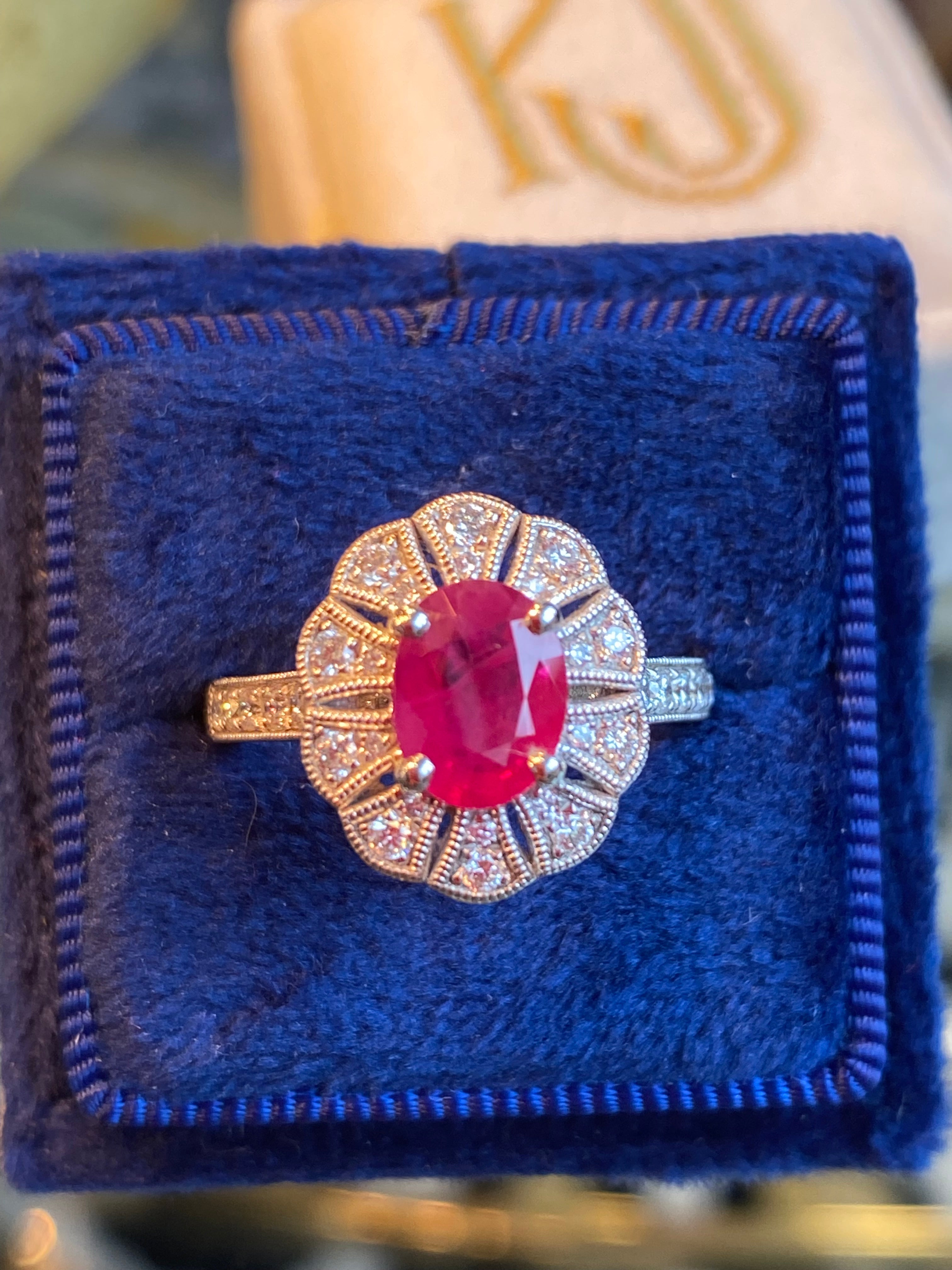 1.71 CTW Oval Cut Ruby and Diamond Art Deco Style Ring in Platinum