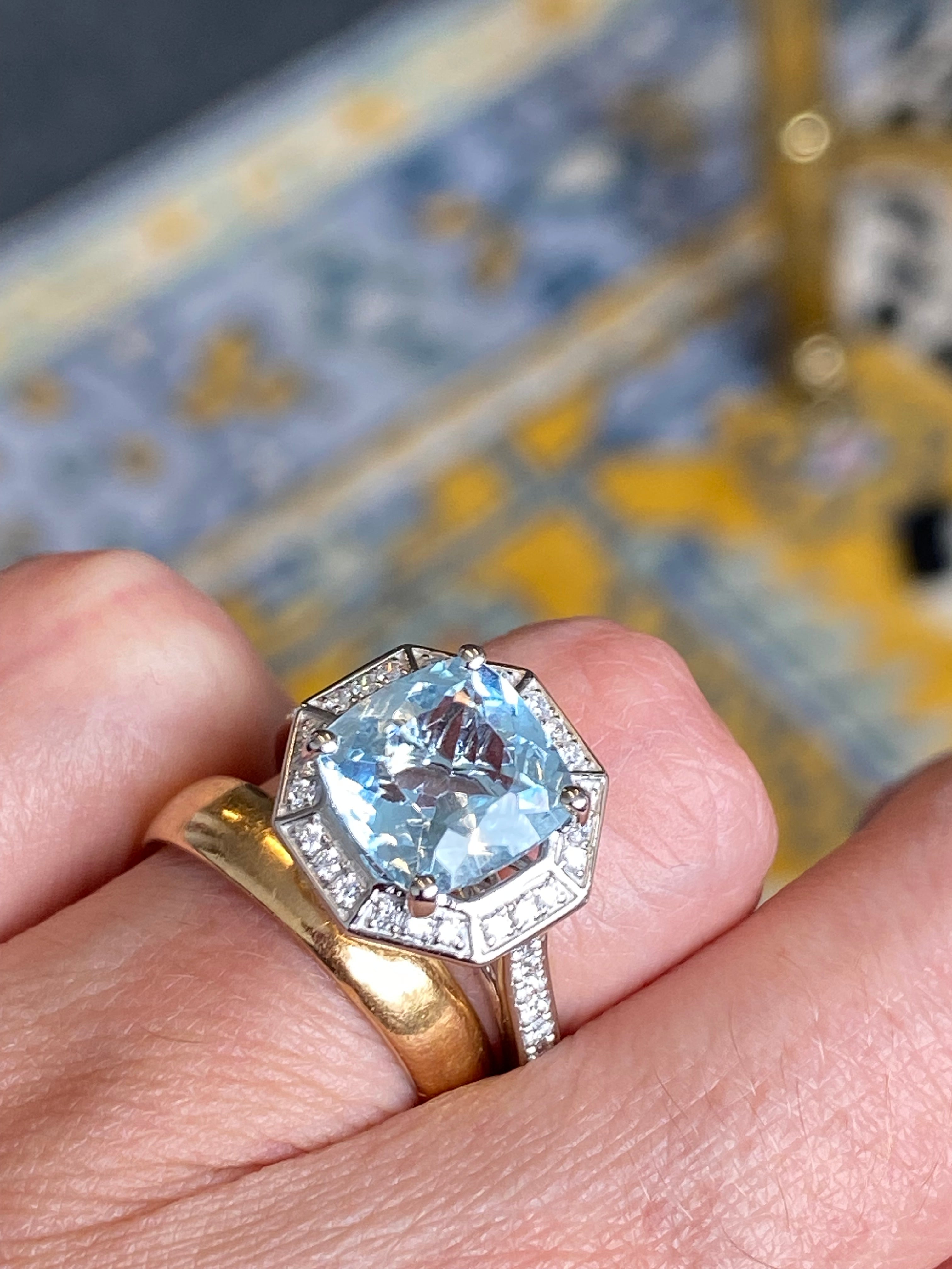 3.03 CTW Cushion Cut Art Deco Style Aquamarine and Natural Diamond Halo Engagement Ring in Platinum