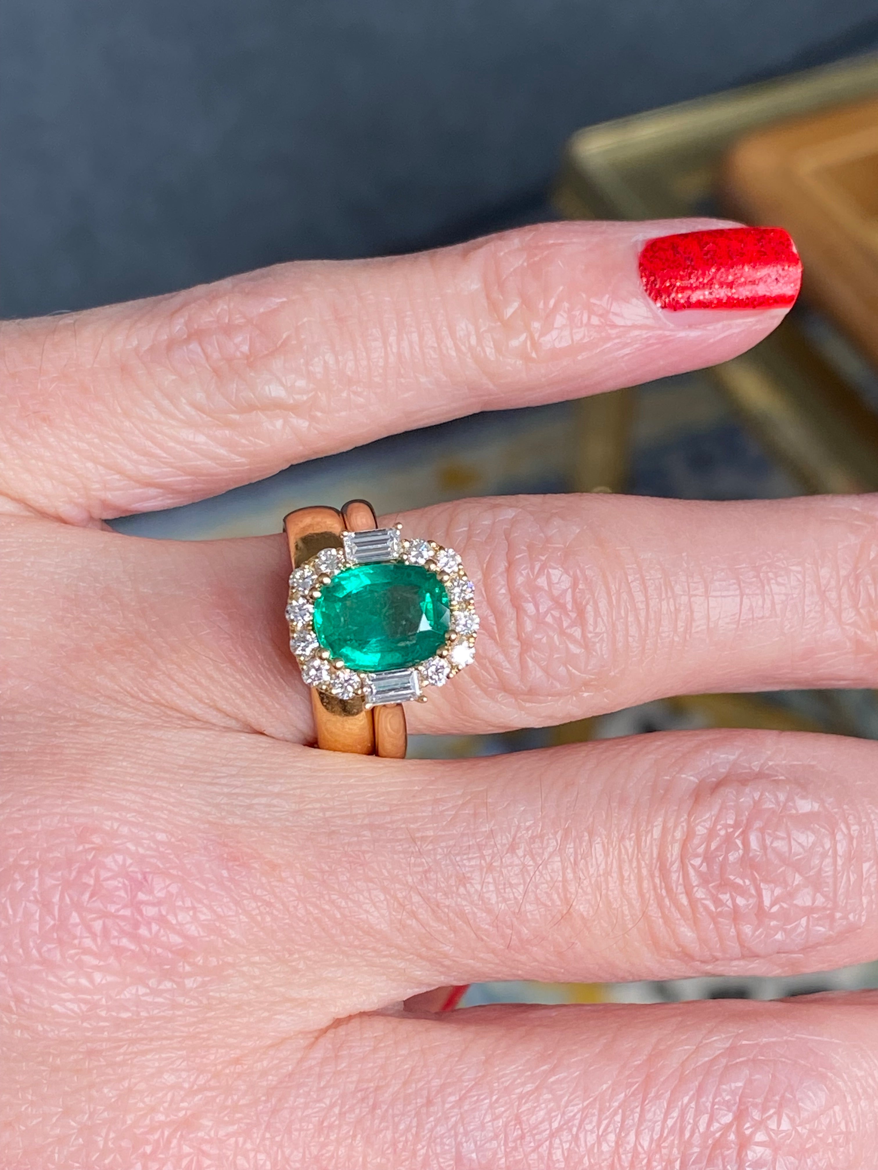 2.59 CTW Cushion Cut Emerald and Natural Diamond Halo Ring in 18ct Yellow Gold