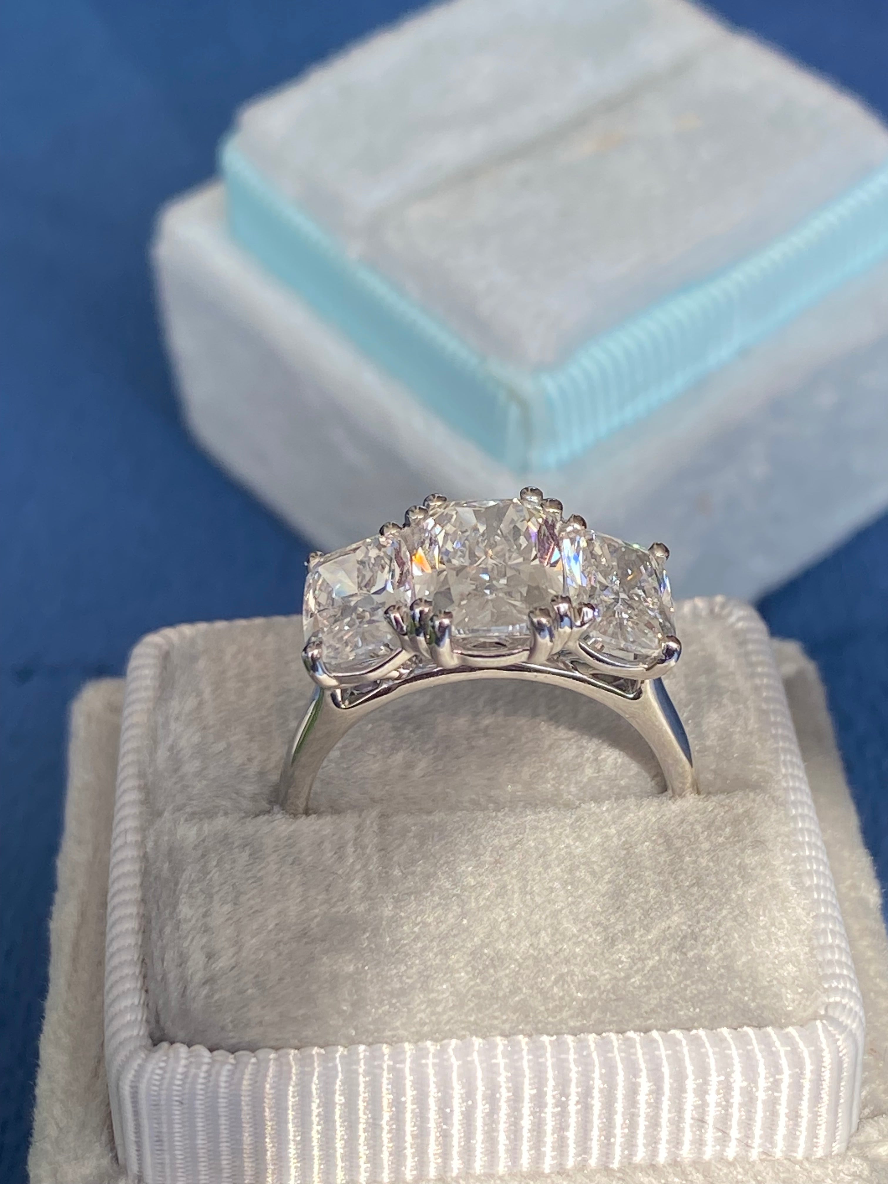 4.10 CTW Cushion Cut D Colour VS1 Lab Diamond Three Stone Ring in Platinum