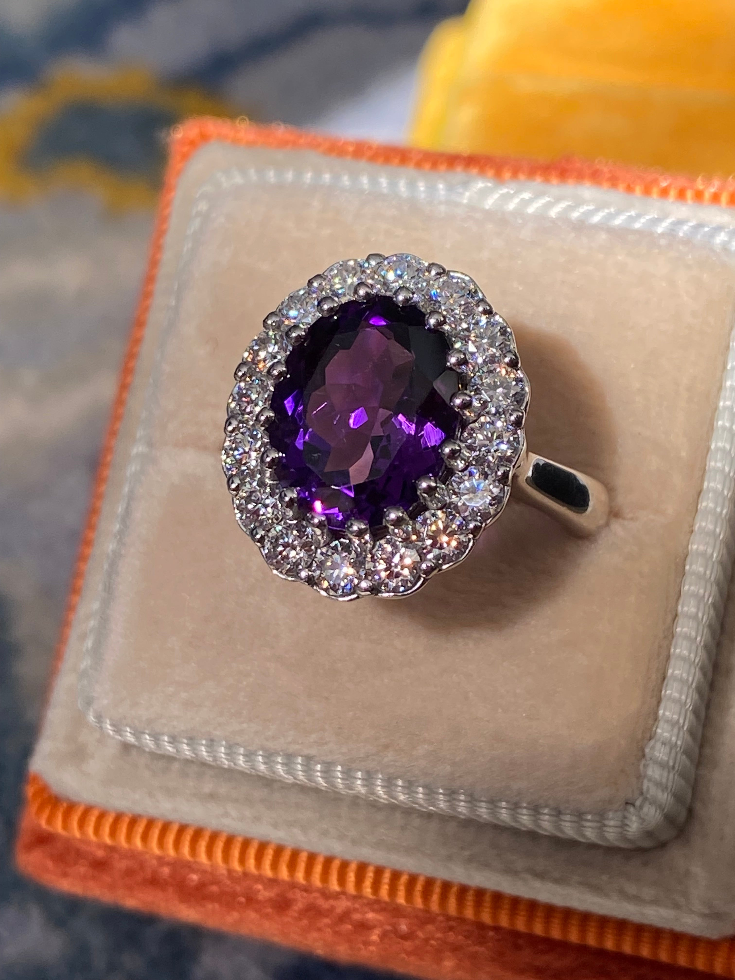 5.50 CTW Oval Cut Amethyst and Moissanite Halo Cocktail Ring