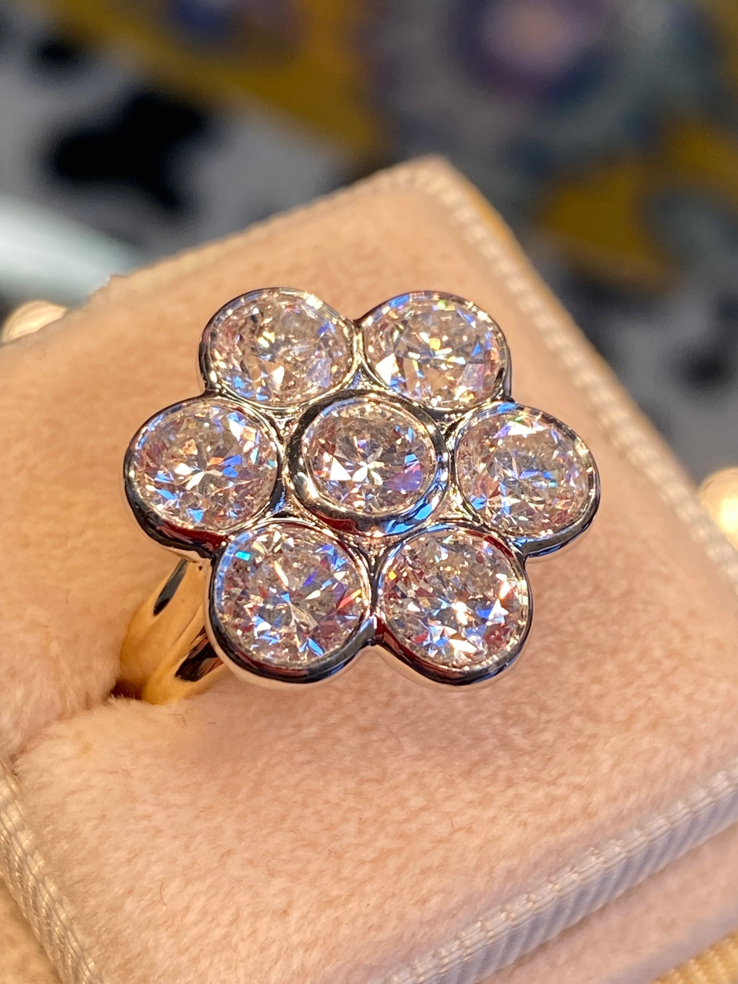 Vintage 4.07 CTW Natural Diamond Daisy Cluster Ring in Platinum and 18ct Yellow Gold