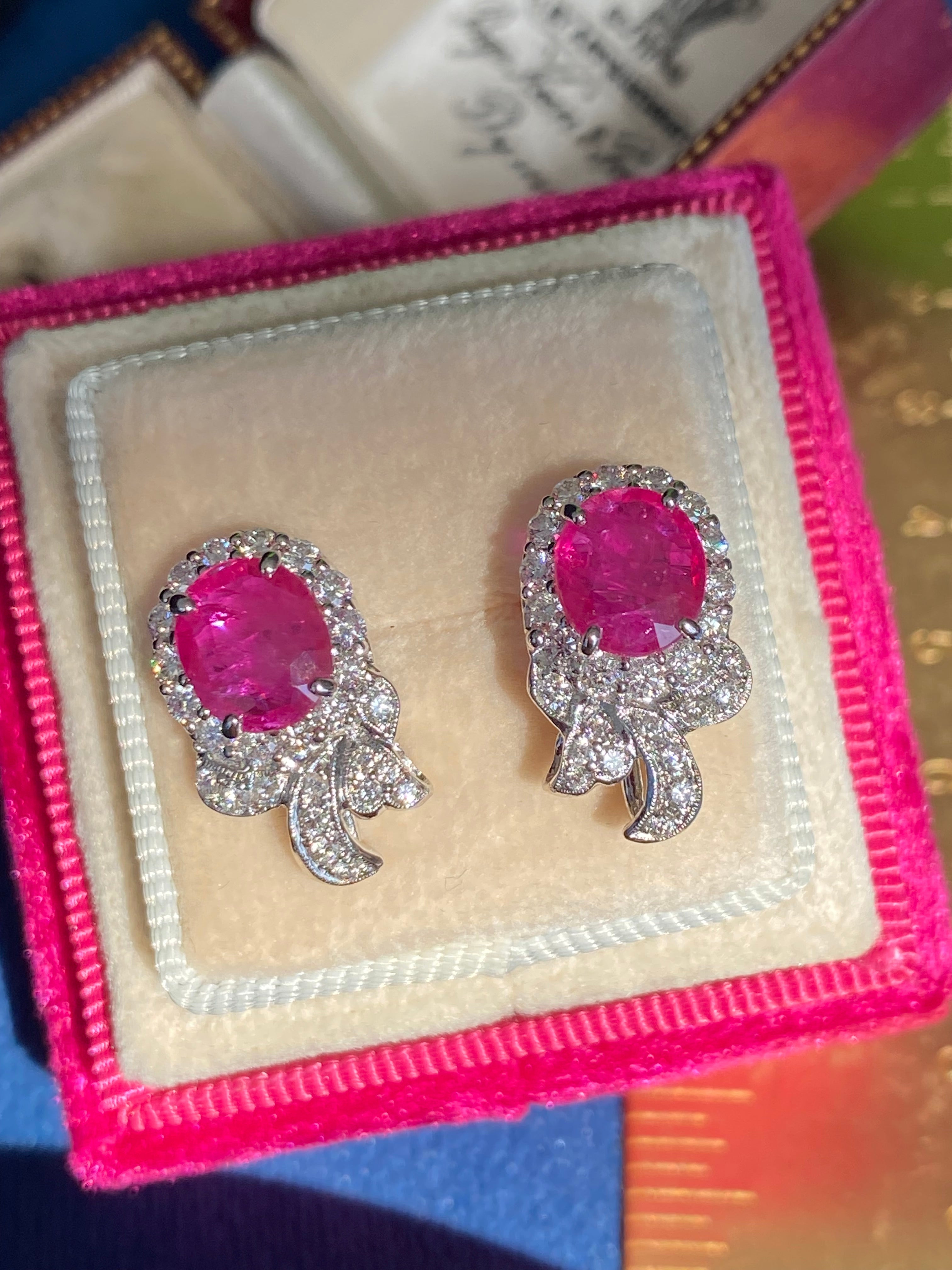 3.98 CTW Vintage Burmese Ruby Stud Earrings in 18ct White Gold