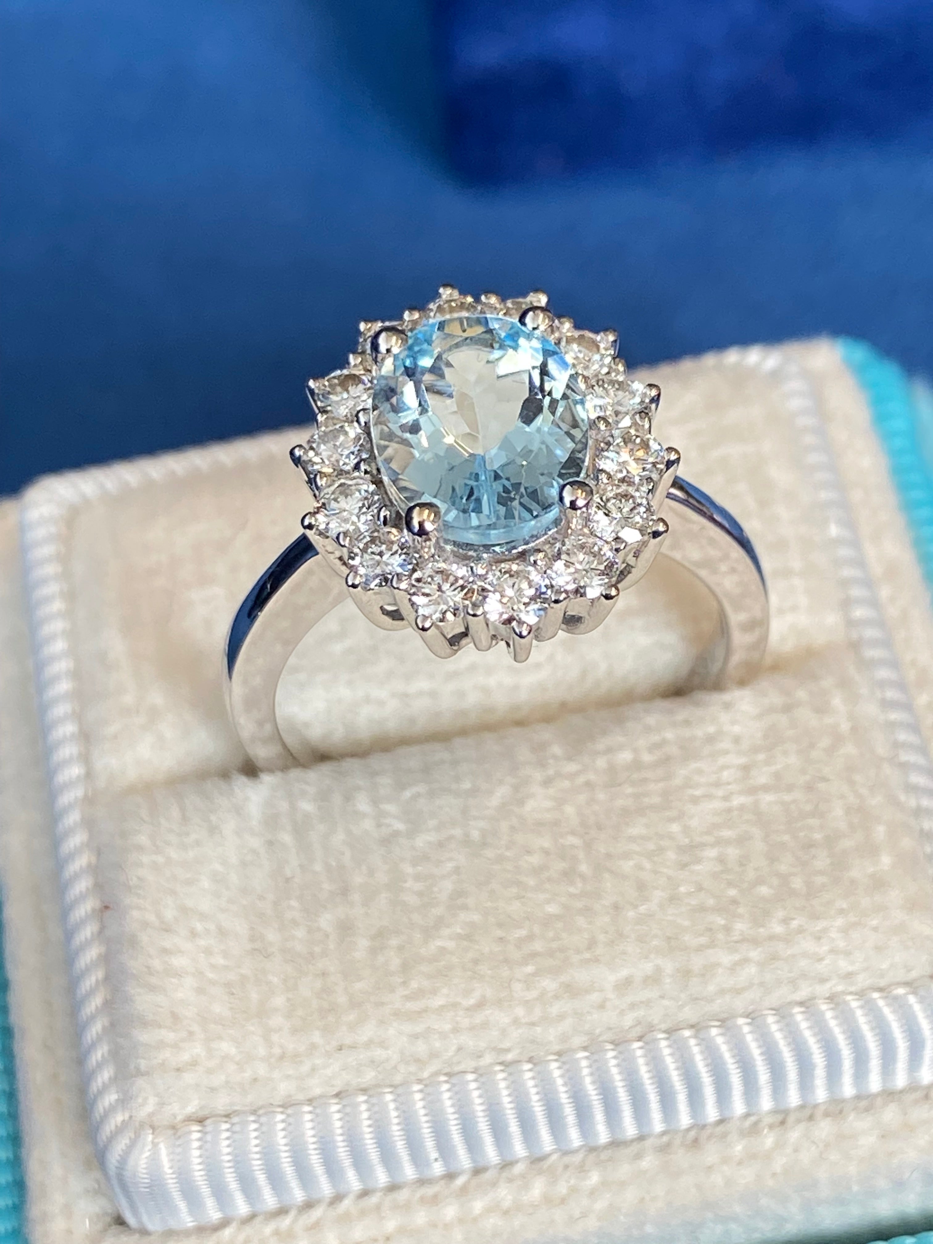 2.02 CTW Oval Cut Aquamarine and Natural Diamond Halo Engagement Ring in Platinum