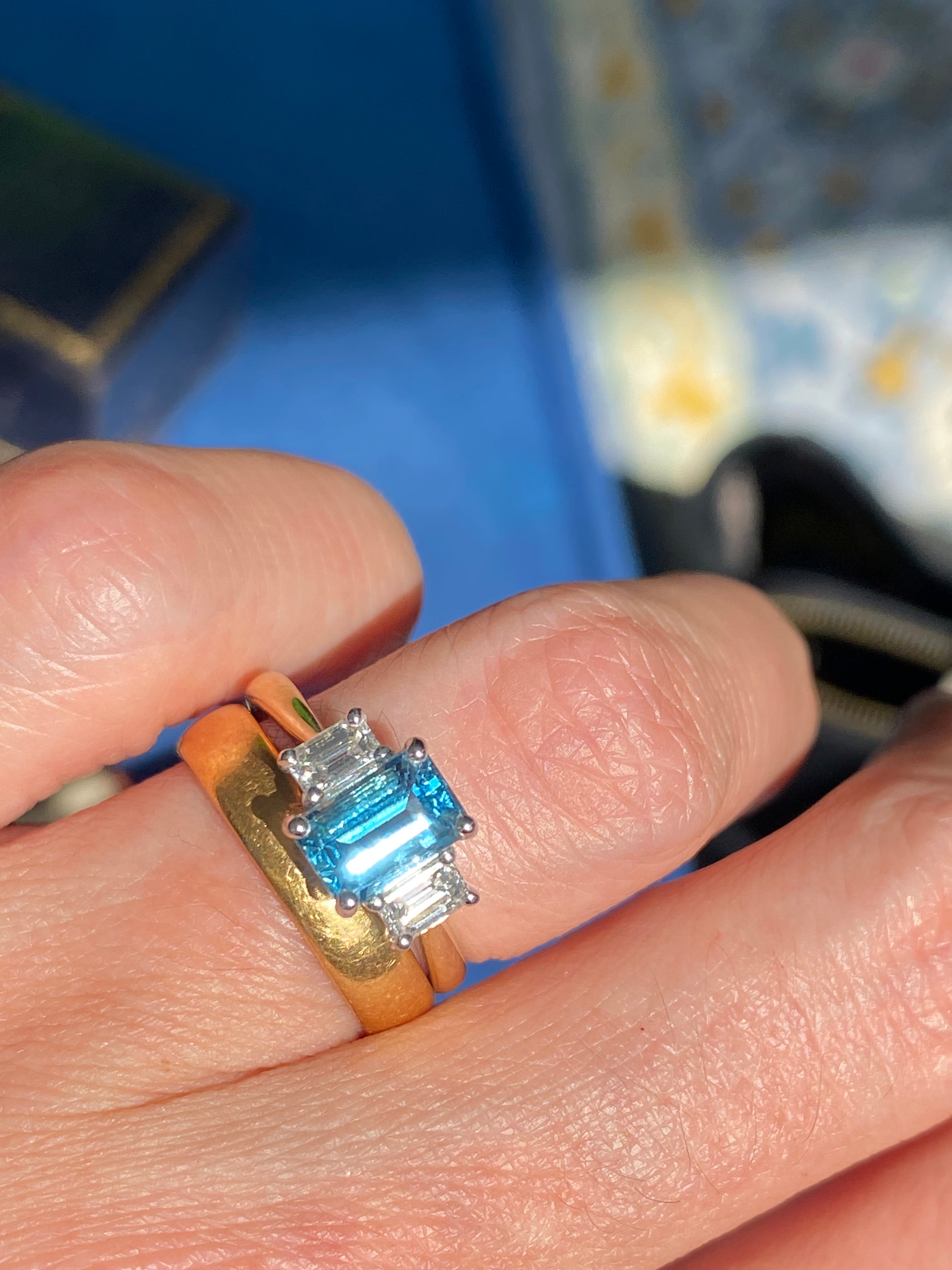 1.73 CTW Aquamarine and Natural Diamond Three Stone Ring in Platinum and 18ct Yellow Gold