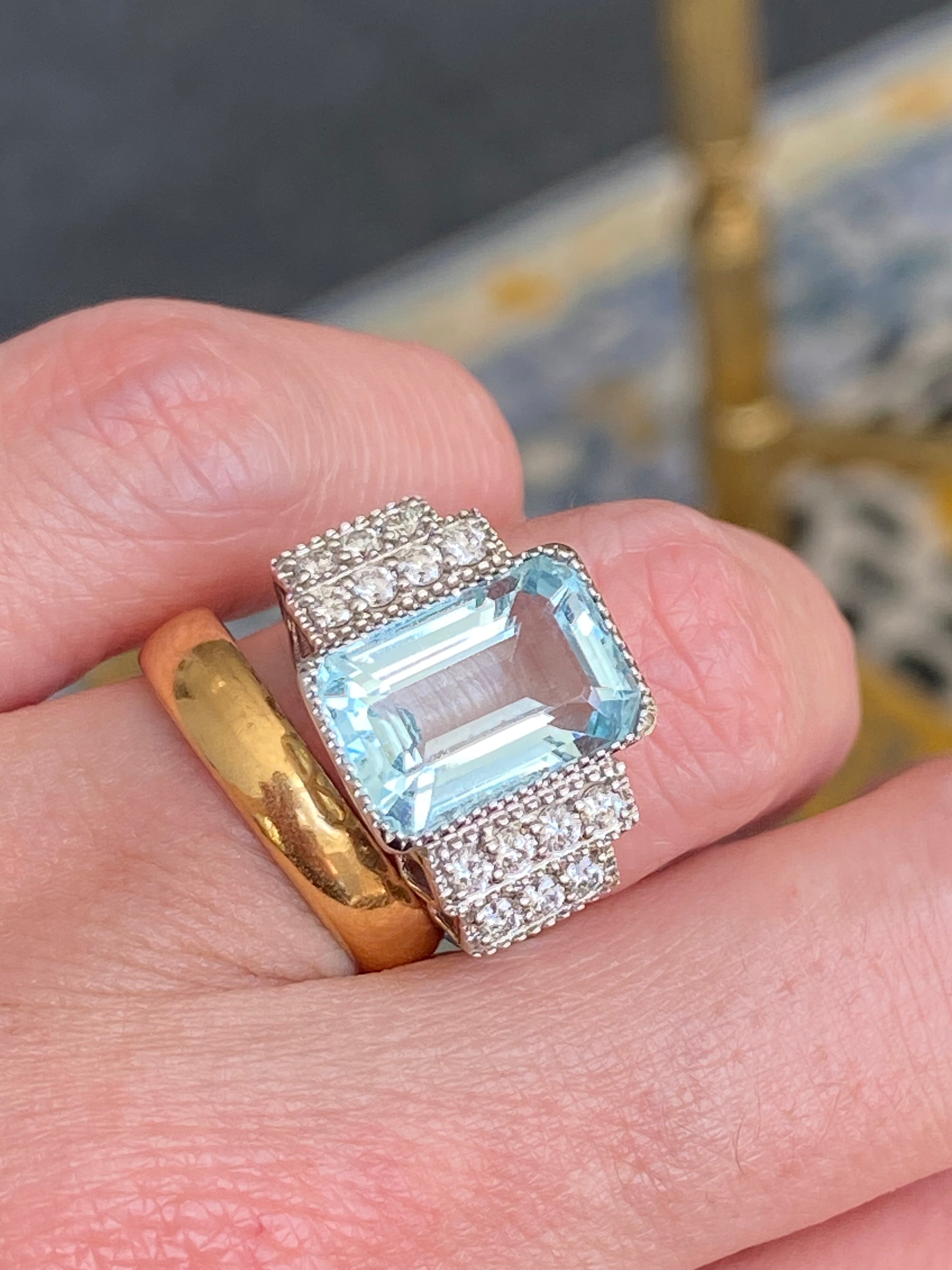 6.29 CTW Art Deco Style Aquamarine and Diamond Ring in 18ct White Gold