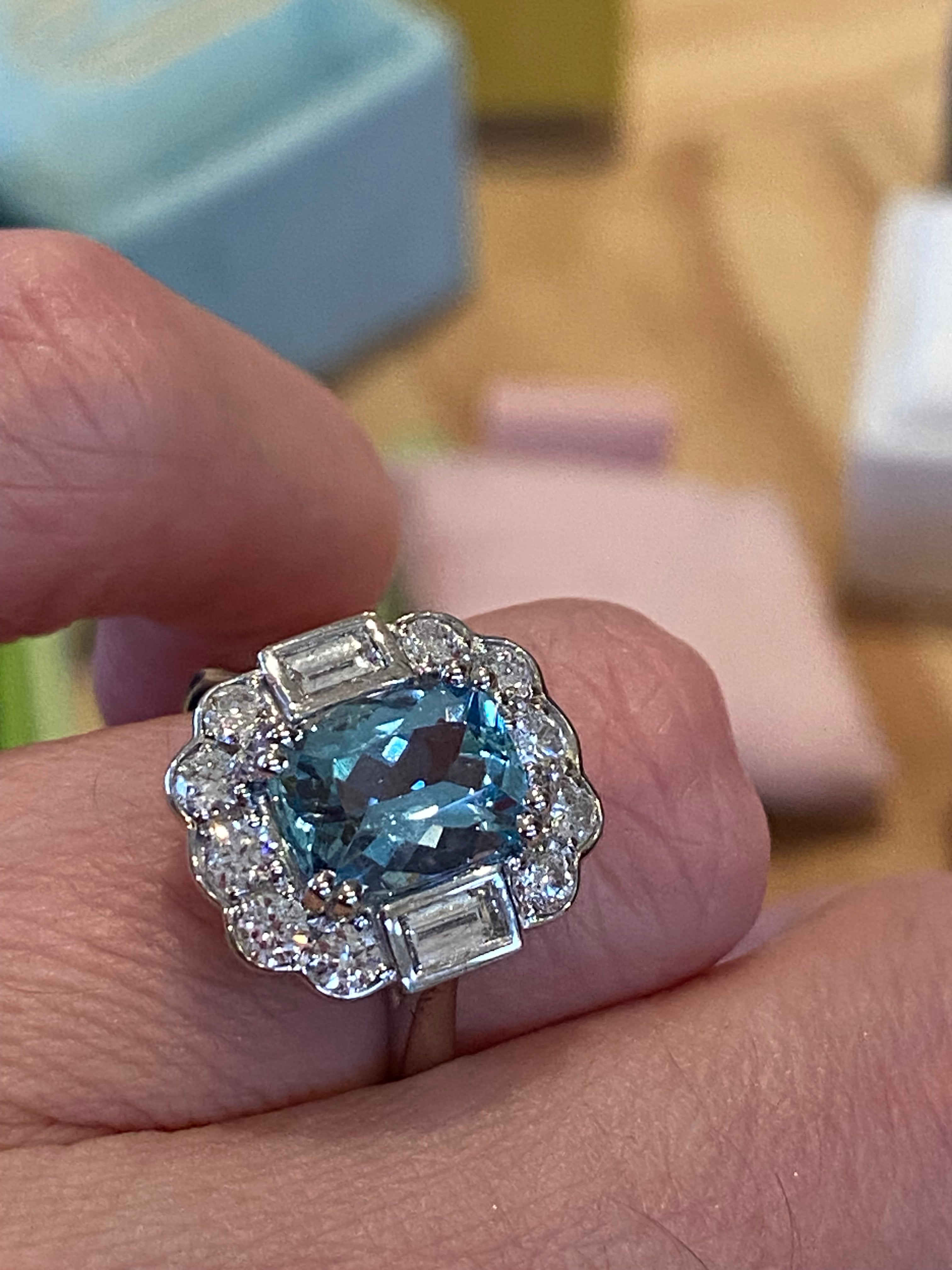 2.86 CTW Cushion Cut Aquamarine and Diamond Engagement Ring in Platinum