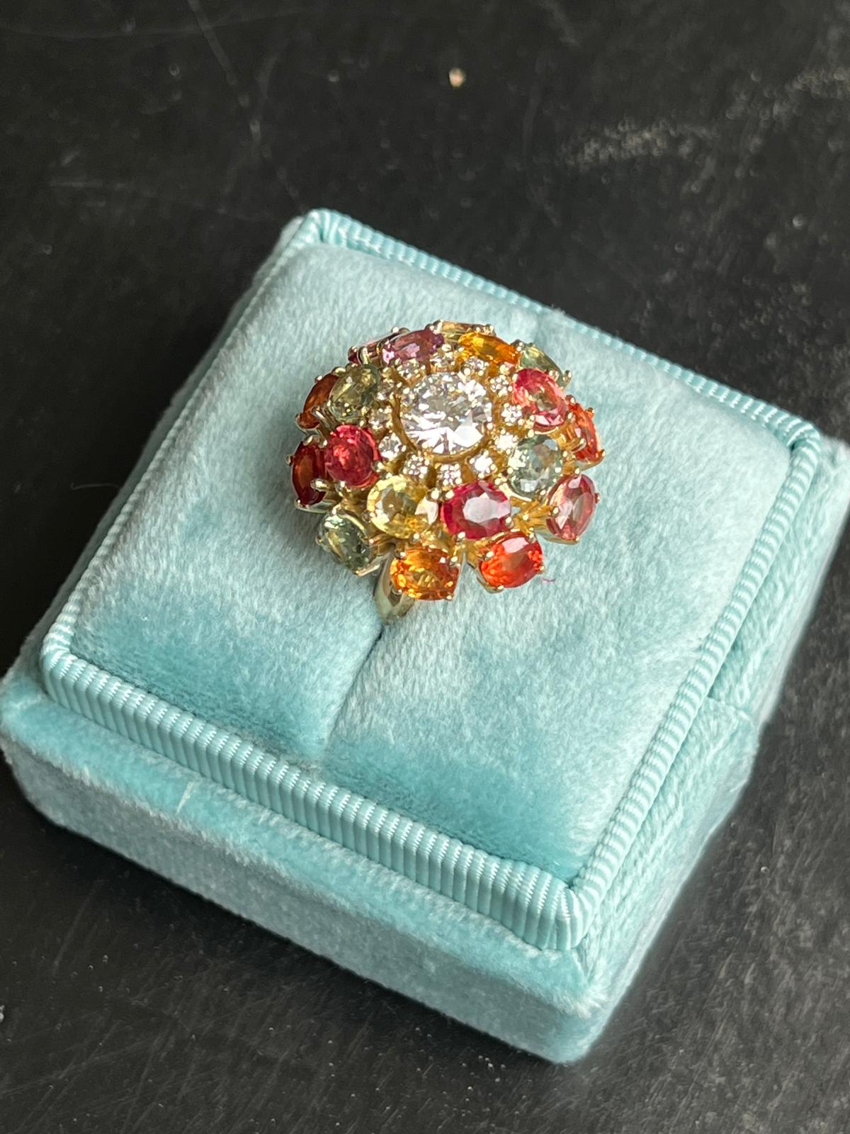 8.08 CTW Natural Diamond and Sapphire Bombe Cluster Ring in 18ct Yellow Gold