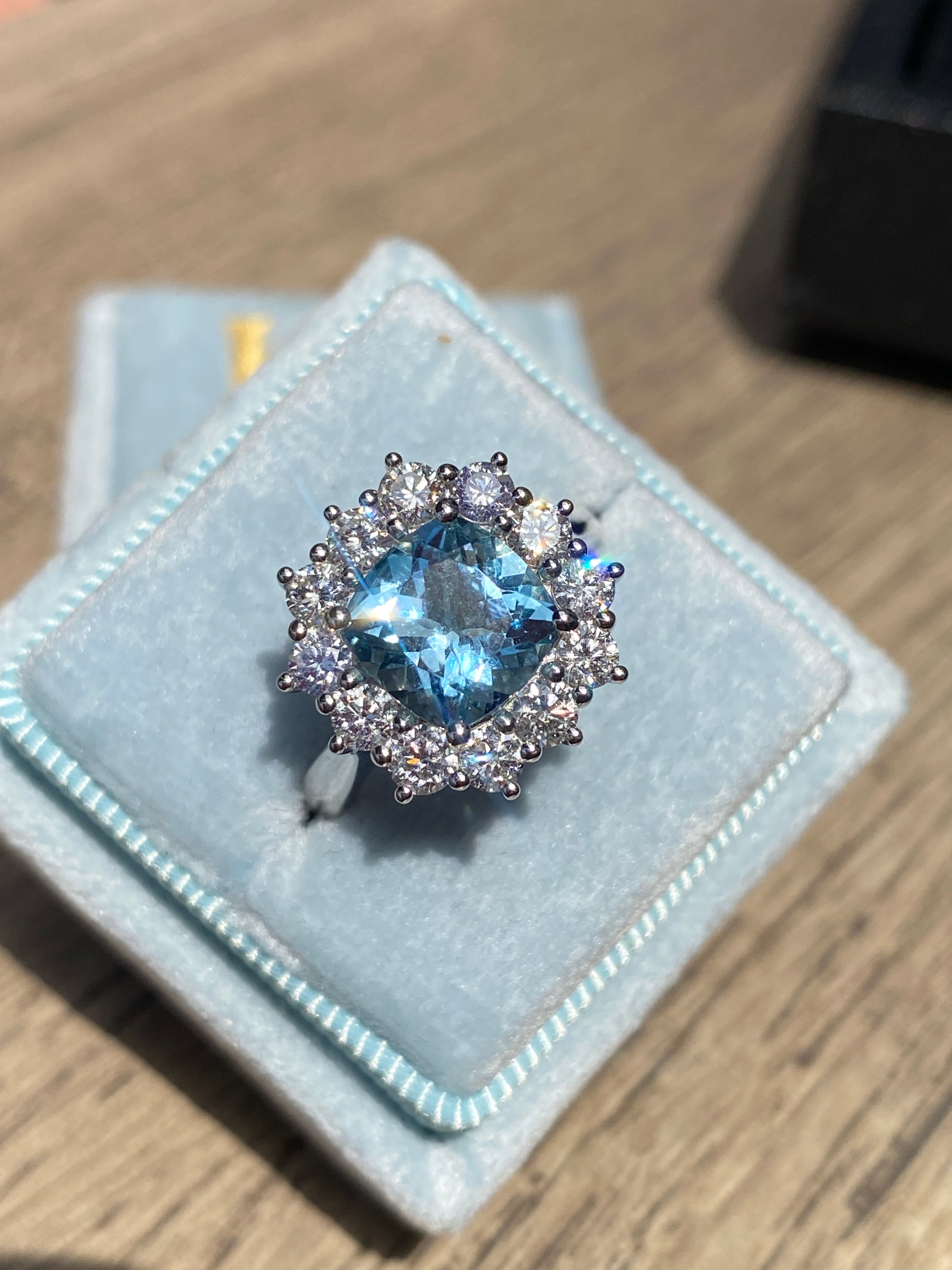 2.33 CTW Cushion Cut Aquamarine and Diamond Engagement Ring in Platinum