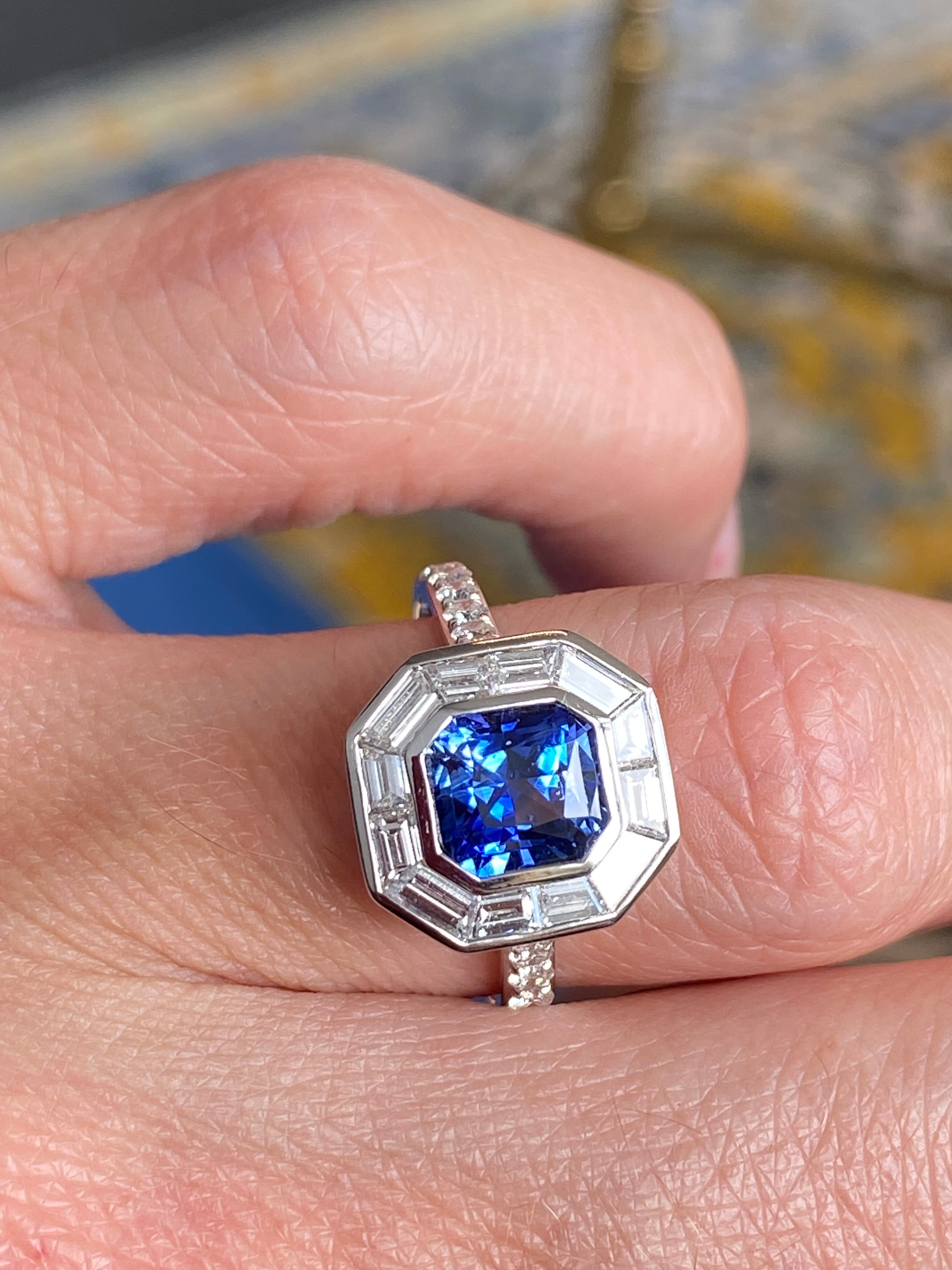 2.10 Carat Blue Ceylon Sapphire and 1.09 CTW Natural Diamond Halo Ring in Platinum