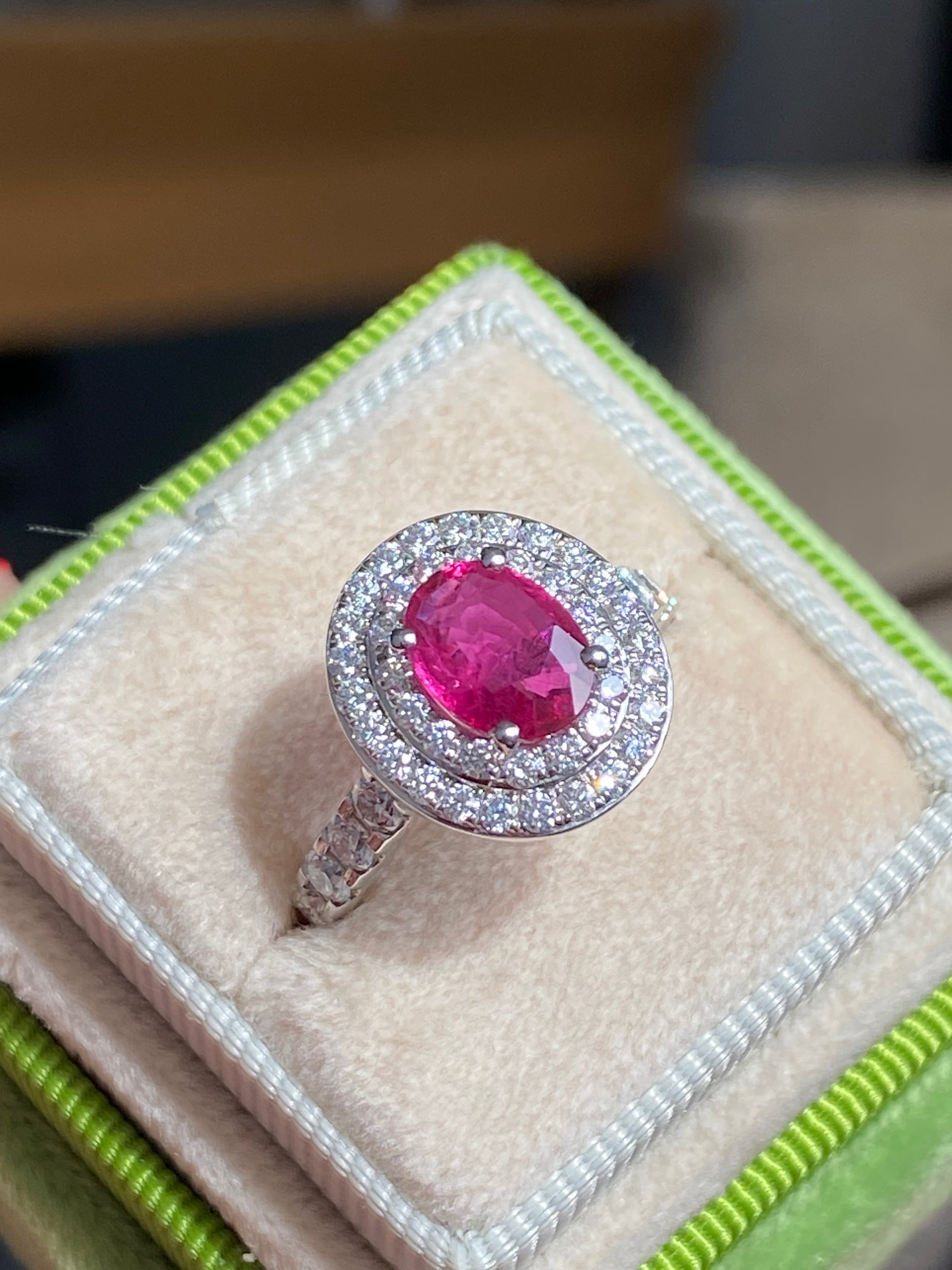 2.43 CTW Oval-Cut Ruby and Natural Diamond Double Halo Ring in Platinum