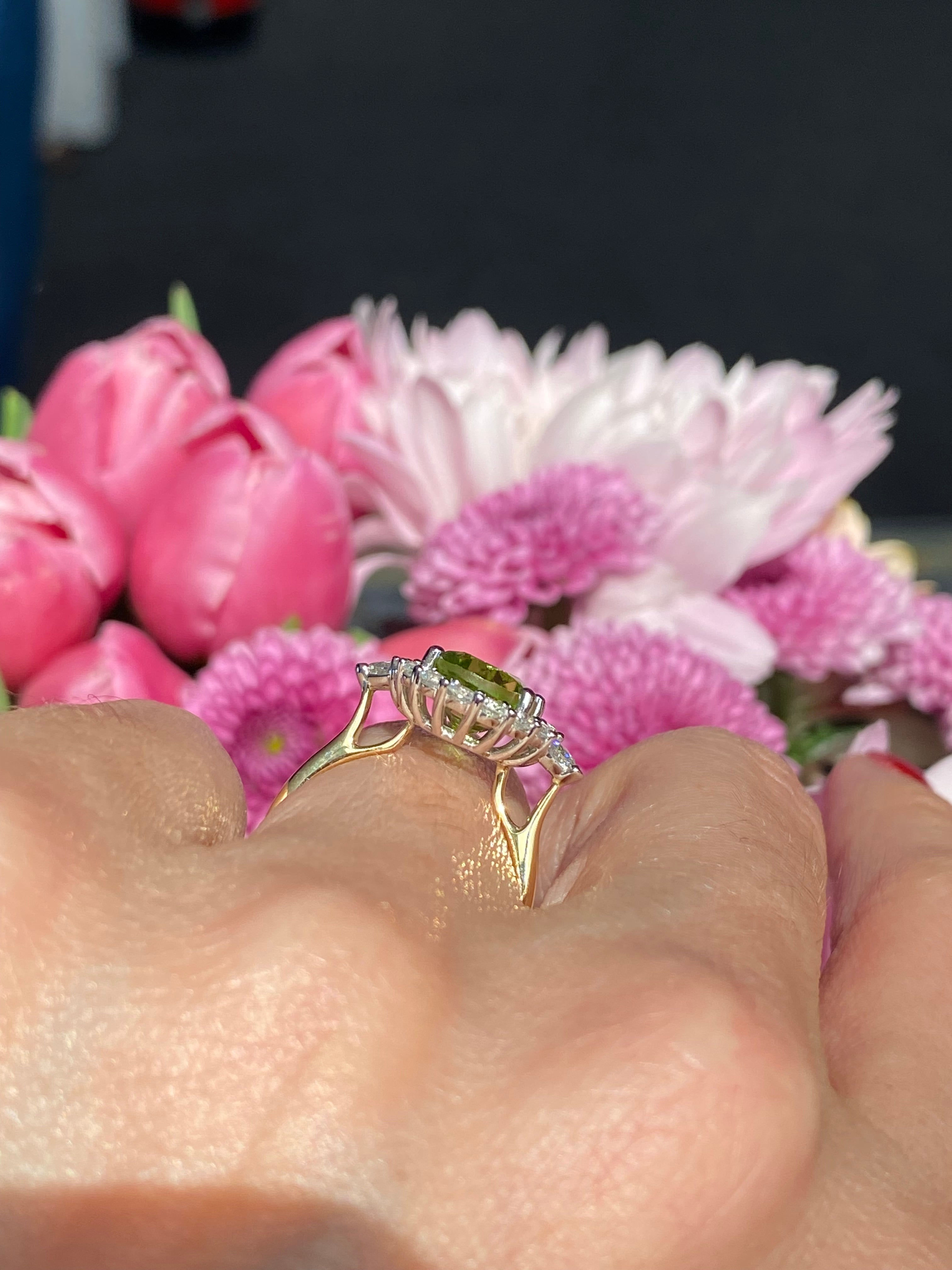 3.15 Carat Peridot and Natural Diamond Halo Ring in Platinum and 18ct Yellow Gold
